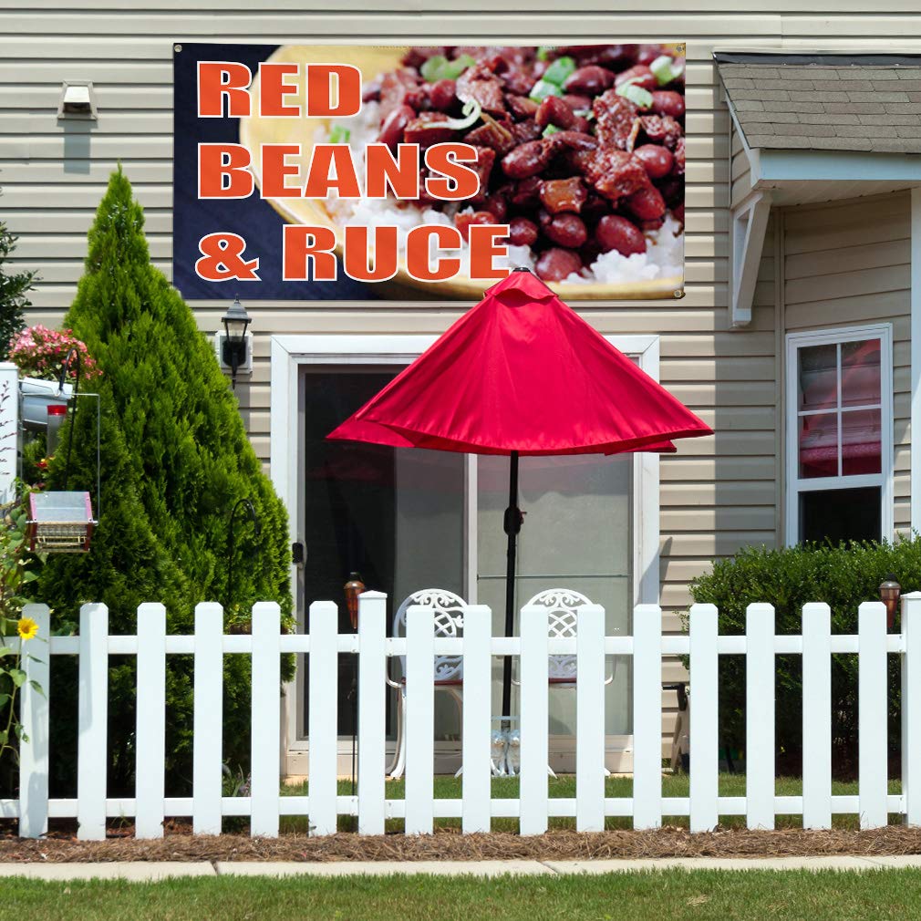 Vinyl Banner - 24x36 Inches, Weatherproof Outdoor Sign with 4 Grommets for Restaurants, Food Advertising & Industrial Yard Use | Red Beans & Rice Design