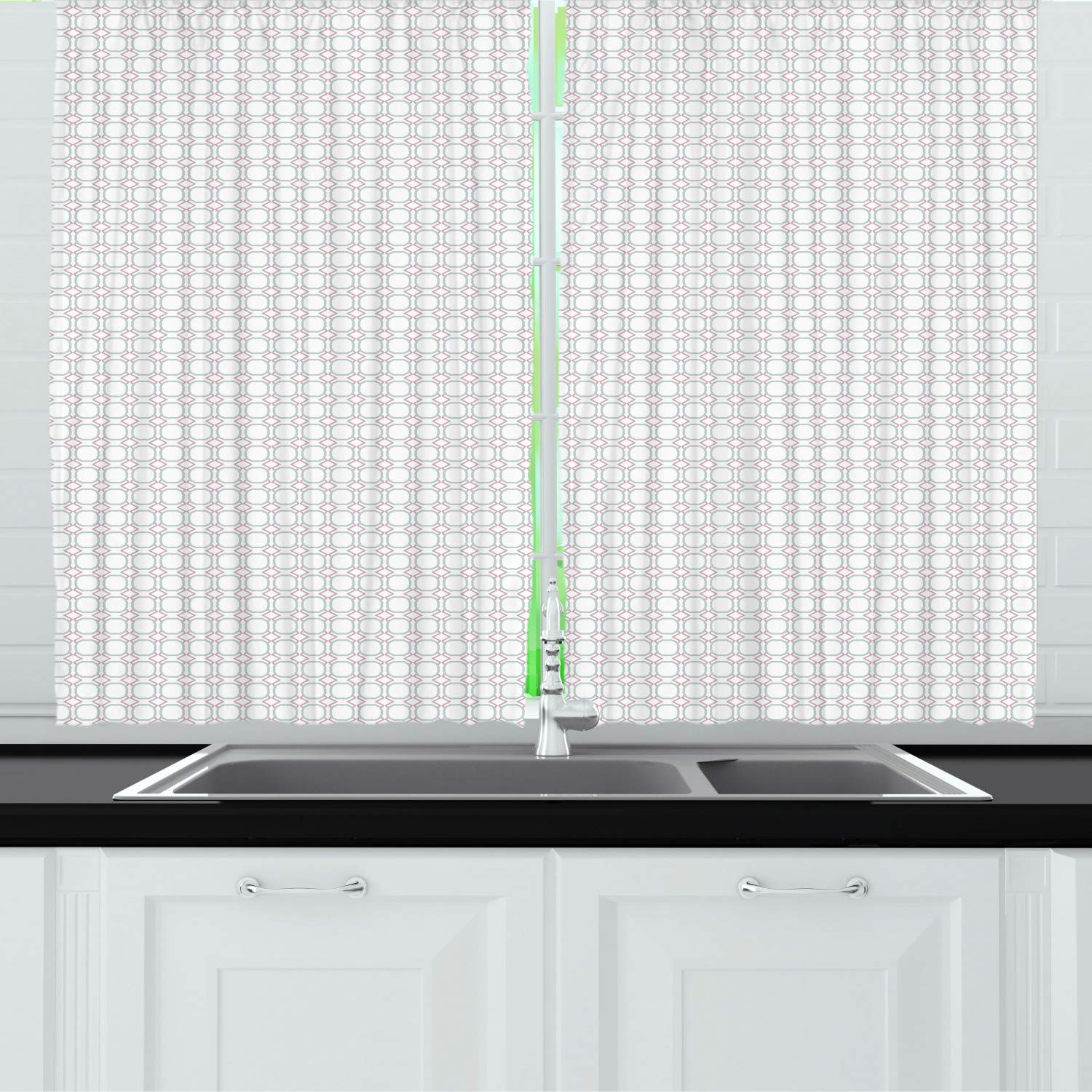 Ambesonne Abstract Long Kitchen Curtains - Geometric Oriental Mosaic Art Drapes with Rod Pocket, Soft Grey Teal Pink & White (55x45 Inch) - Perfect for Modern Home Decor, Living Room & Dining Room Window Treatments