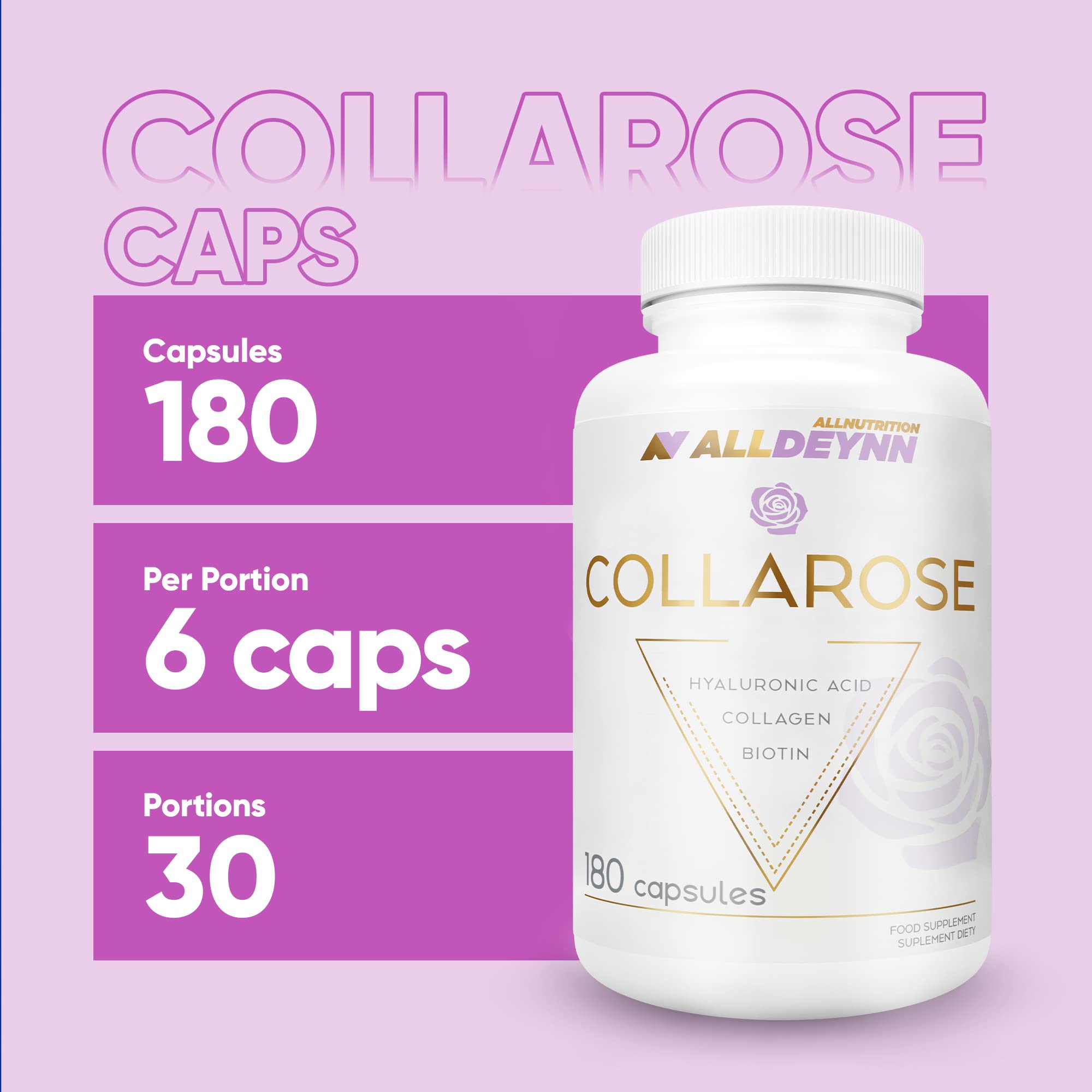 Allnutrition AllDeynn Collarose Capsules - 180 Count | Premium Collagen Supplement for Skin & Joint Support | Perfect for Daily Wellness & Anti-Aging Routine