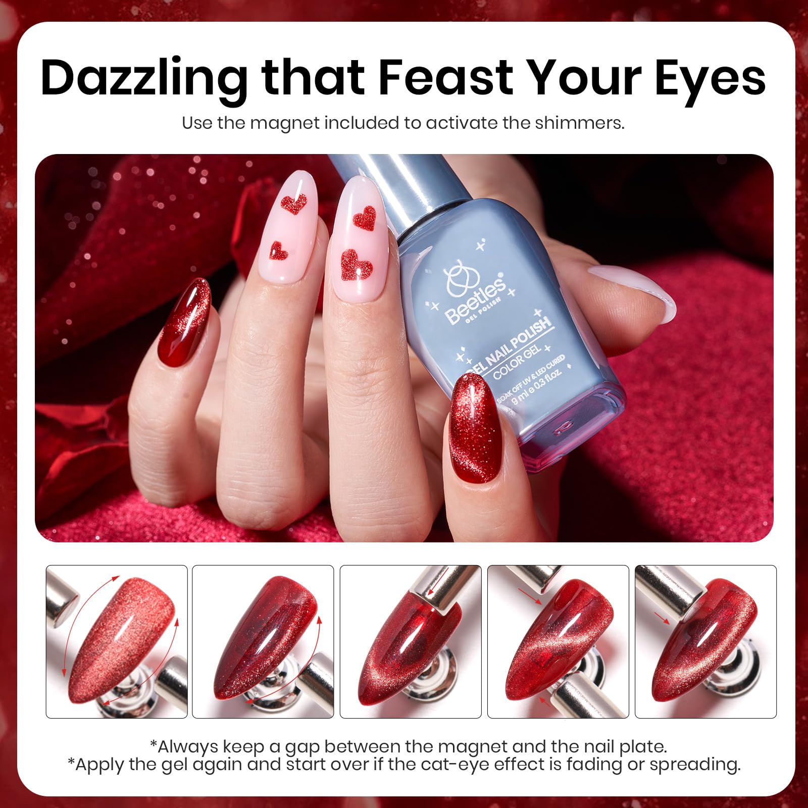Beetles Red Gel Nail Polish - 9ML Glitter Cat Eye Gel Polish, Dark Red Soak Off UV/LED Gel for Spring & Summer Nail Art | Perfect Gift for Women | Great for Parties, Weddings & Special Occasions
