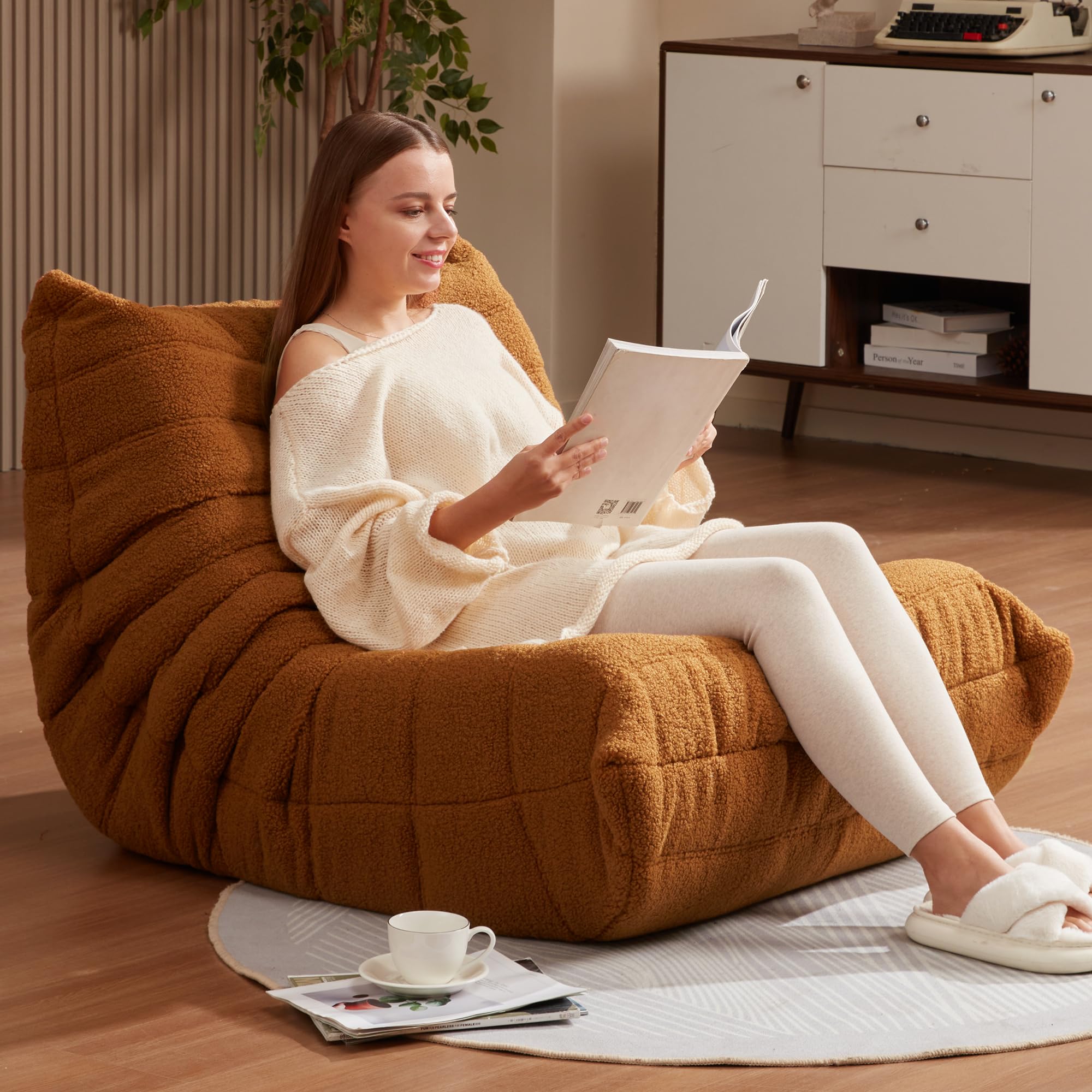 Hobestluk Giant Memory Foam Bean Bag Chair for Adults - Super Soft Faux Fur Oversized Lazy Sofa with Fireside Design, Brown Teddy - Perfect for Living Room, Bedroom, Dorm & Office Relaxation