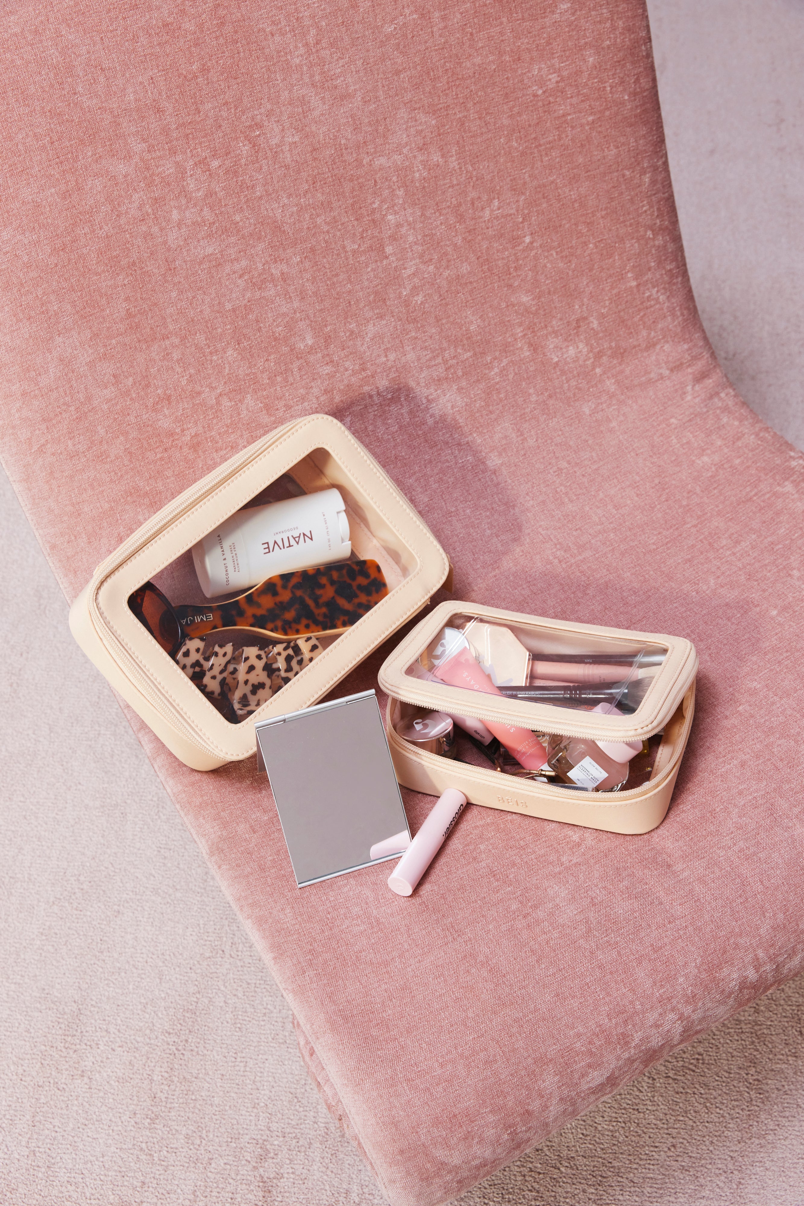 Travel-Friendly Beige Cosmetic Set for Airplane & On-the-Go Makeup | Compact Toiletry Bag for Women