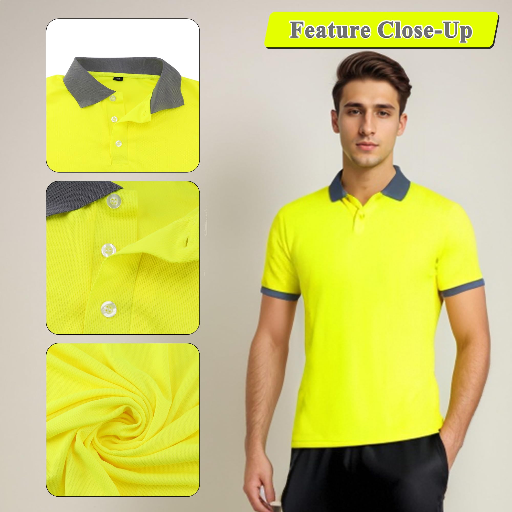 High Visibility Reflective Safety Shirts for Men & Women - Neon Yellow Polo Work T-Shirts (6-Pack) - Construction, Road Work, Night Running & Cycling Safety Gear