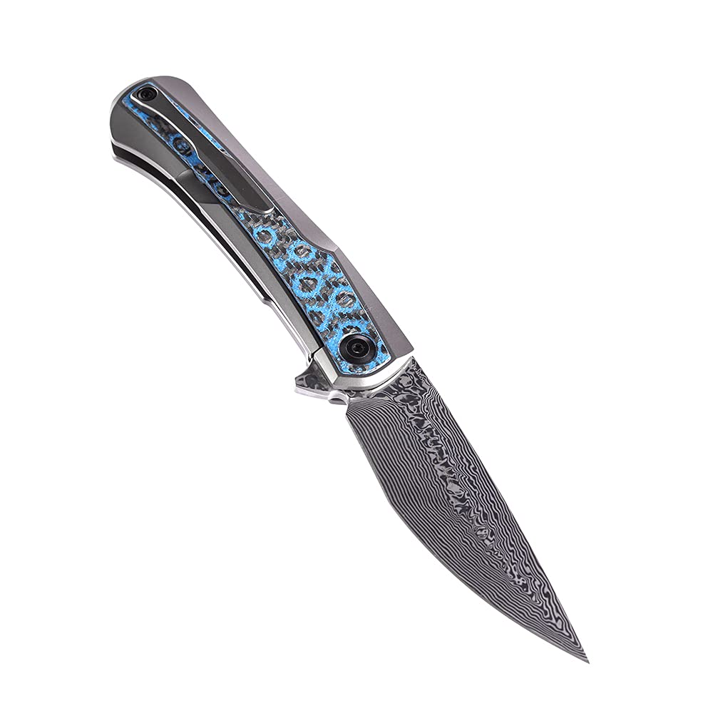 Kansept Kratos Damascus Folding Pocket Knife - 8.69in Titanium Handle with Blue Black Fat Carbon Fiber Inlays, 3.79in Clip Point Blade - EDC, Outdoor, Hunting, Camping, Survival Gear - Perfect for Everyday Carry, Bushcraft & Tactical Use