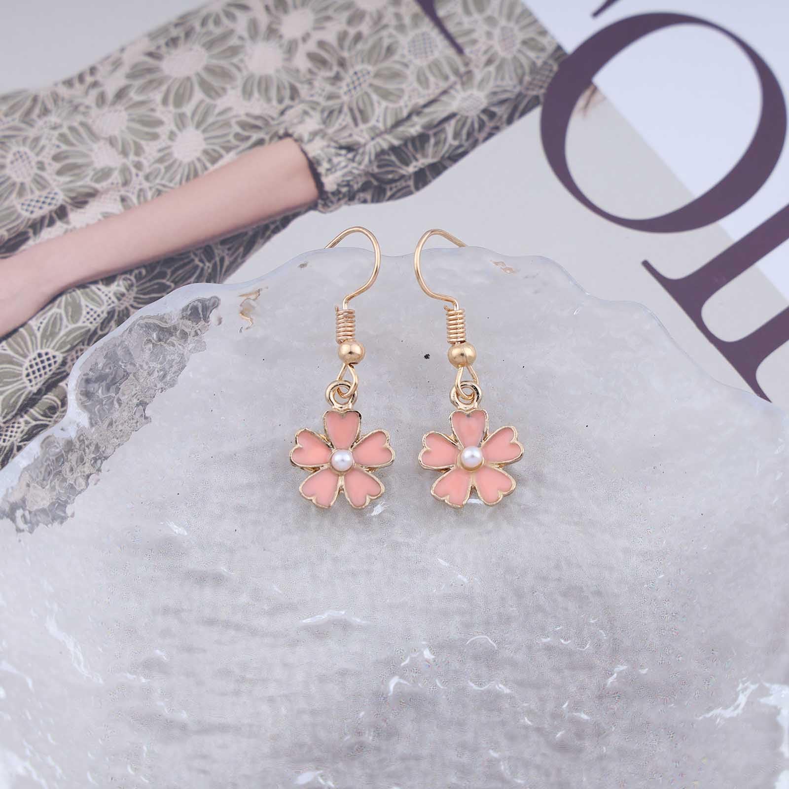 Bohemian Enamel Flower Pearl Dangle Earrings for Women - Pink Floral Drop Earrings with Gold Round Pearl Hook, Small Pearl Flower Jewelry Gift for Women & Girls | Perfect for Weddings, Parties & Everyday Wear
