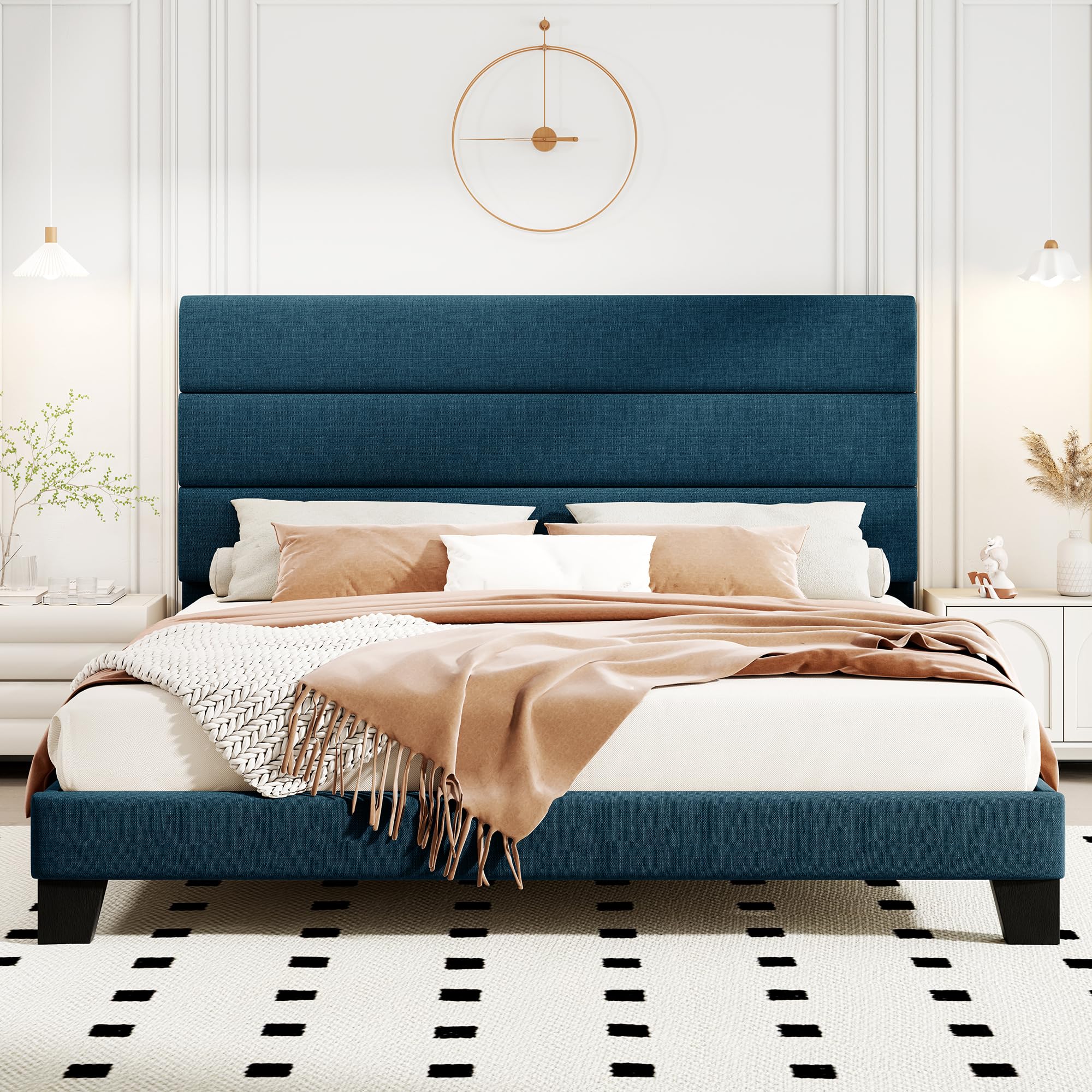 HOOMIC King Size Bed Frame with Upholstered Headboard - Sturdy Wood Slat Platform Bed Frame, No Box Spring Required, Navy Blue Fabric - Perfect for Master Bedroom, Guest Room & Apartment Sleeping