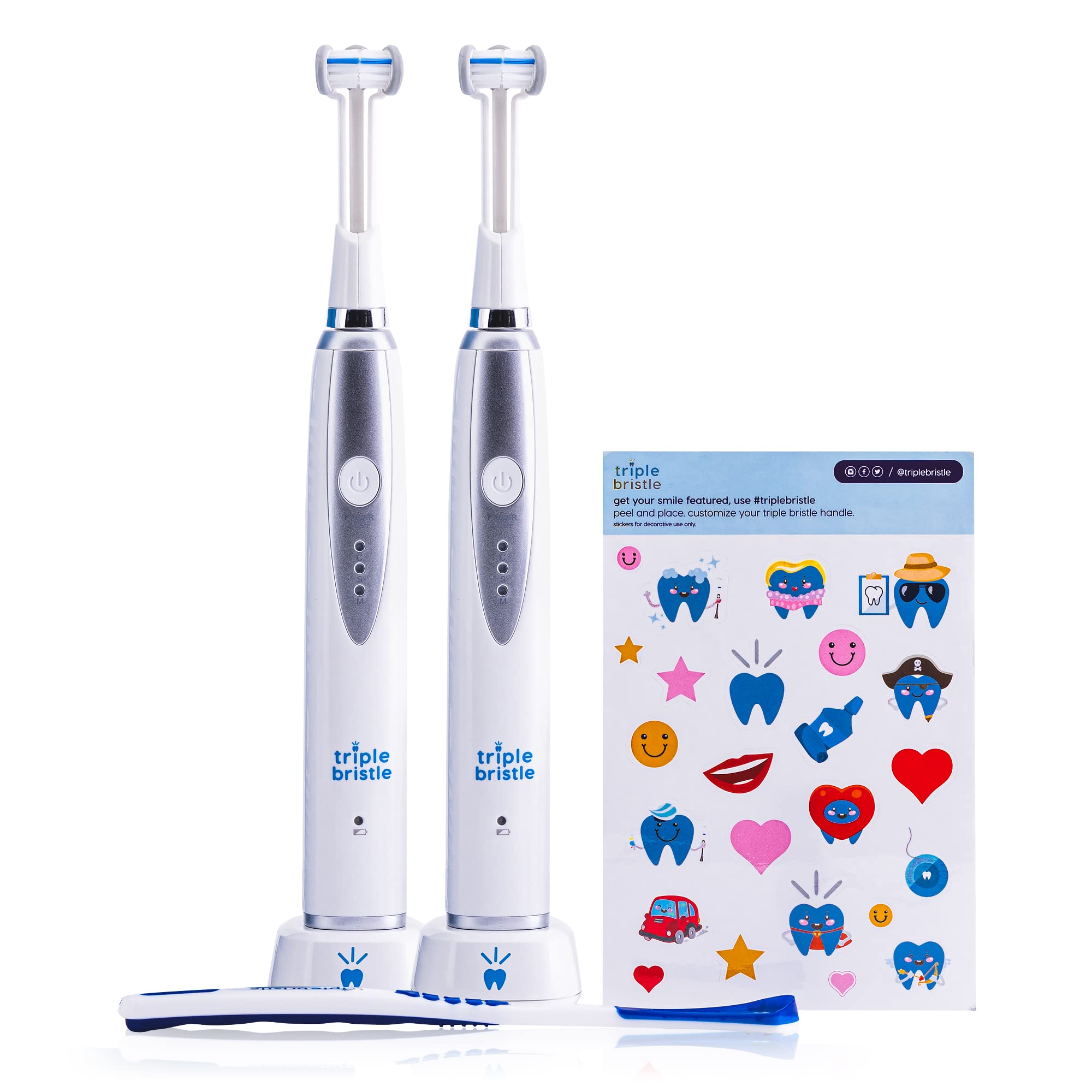 Triple Bristle Kids Sonic Electric Toothbrush - 2 Pack | 3-Sided Rotating Head for Deep Teeth & Gum Cleaning | Dentist Recommended | Rechargeable Battery & Fun Sticker Rewards | Perfect for Toddlers & Children's Daily Oral Care Routine