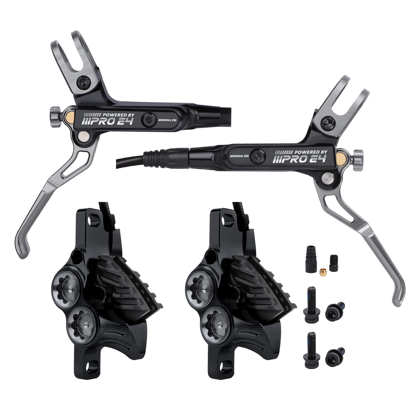 Upgraded E4 MTB 4-Piston Hydraulic Disc Brake Set with Cooling Metal Pads - Front & Rear Pre-Bled for Mountain Bike | Perfect for Downhill, Trail Riding & Off-Road Cycling