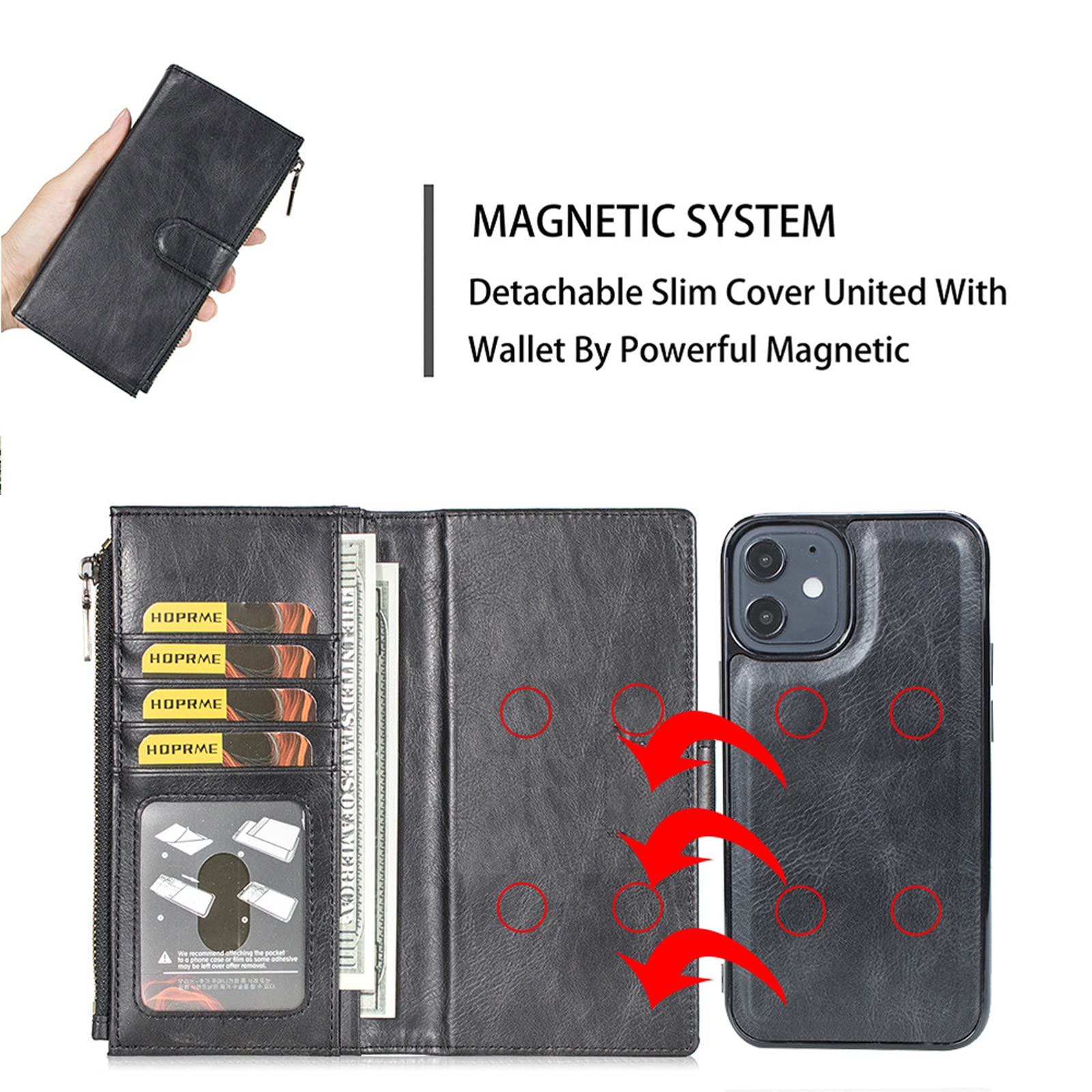 Premium Detachable 2-in-1 PU Leather Wallet Case for iPhone 14 Pro Max - Magnetic Clasp with Card Slots | Slim Protective Phone Cover (Black) | Perfect for Business, Travel & Everyday Use