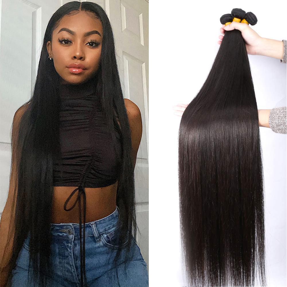 28 30 32 Inch Brazilian Virgin Human Hair Bundles 3PCS - 100% Unprocessed Straight Hair Weft Extensions for Black Women | Natural Black Color | Perfect for Daily Styling, Weddings & Special Occasions