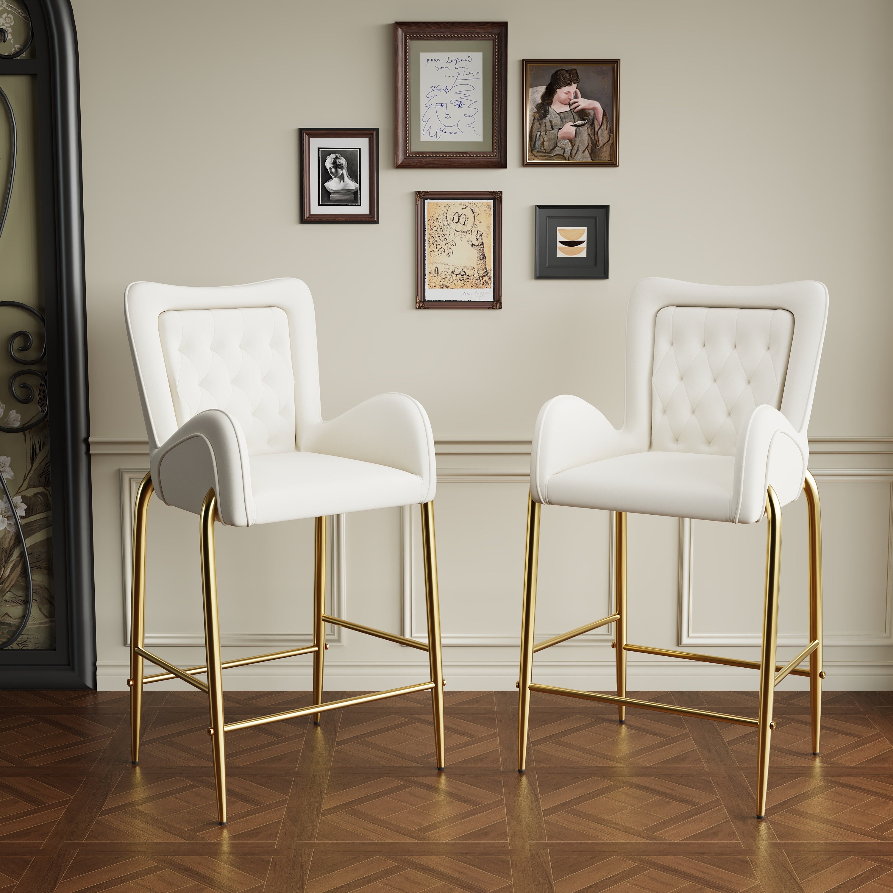 28.75 Inch Counter Height Bar Stools Set of 2 - Velvet Upholstered Bar Chairs with Golden Metal Legs - Perfect for Kitchen Island, Breakfast Nook & Home Bar Decor