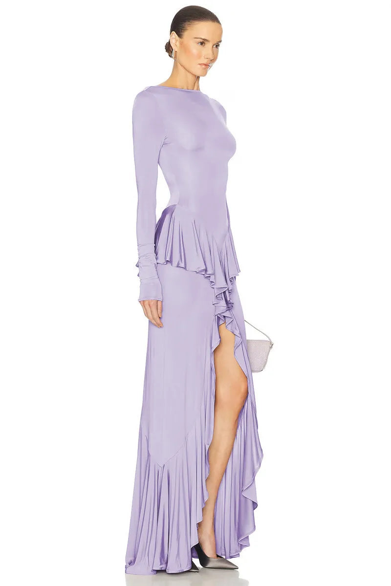 Sexy Backless Ruffled Maxi Dress for Women - Elegant O-Neck Long Sleeve Evening Gown with Thigh High Split | Perfect for Prom, Wedding Guest & Cocktail Parties