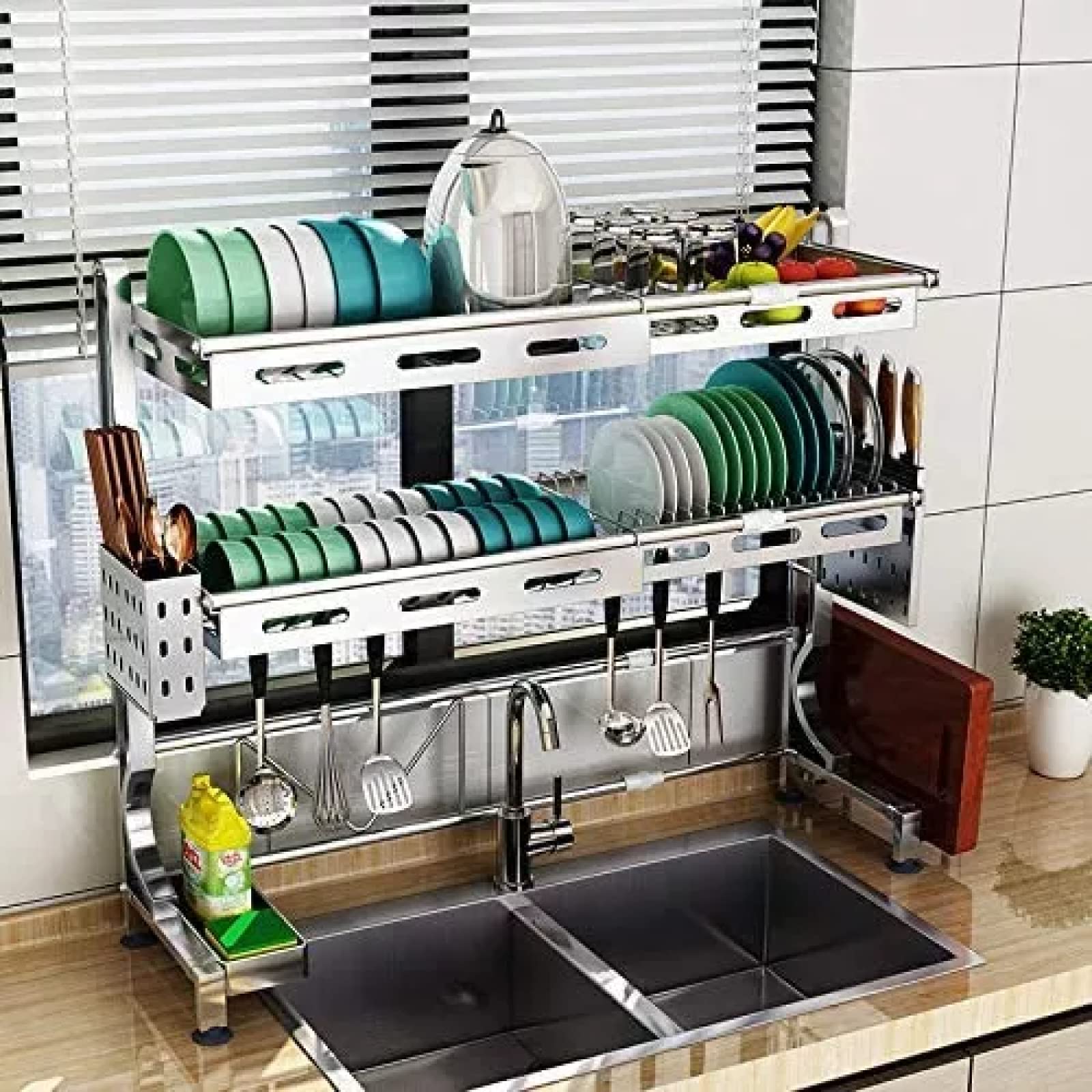 2-Tier Expandable Stainless Steel Over Sink Dish Drying Rack - Space Saving Kitchen Counter Organizer for Dishes, Utensils & Cutting Boards - Perfect for Small Kitchens & RV Use (Silver)