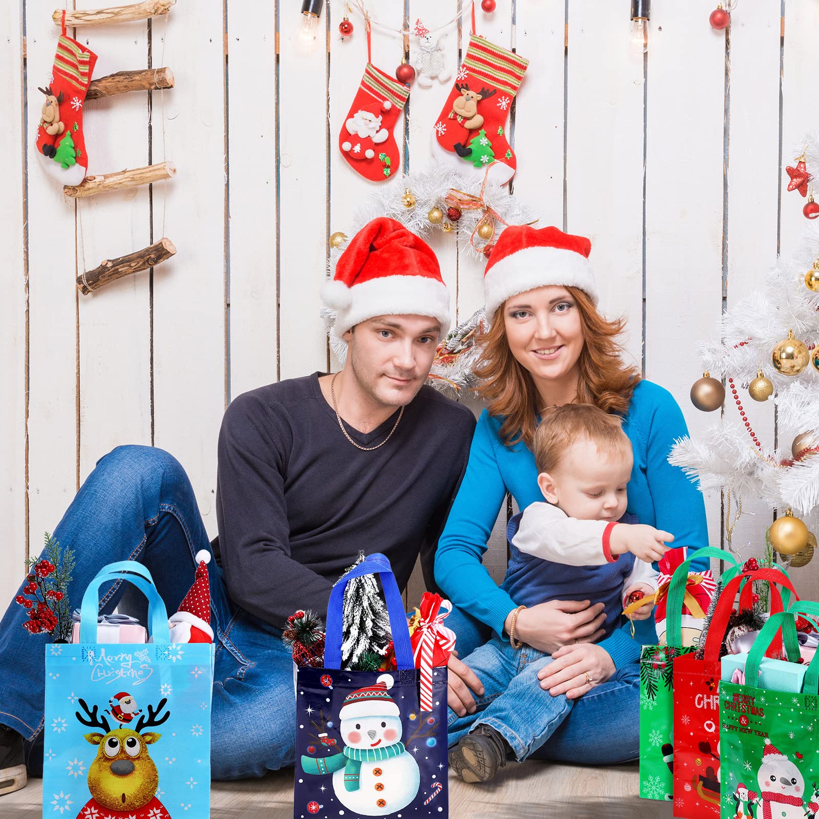 16 Pack Christmas Gift Bags - Reusable Holiday Present Totes with Handles for Xmas Shopping, Treats & Party Favors | Perfect for Santa Gifts, Office Exchanges & Festive Home Decor