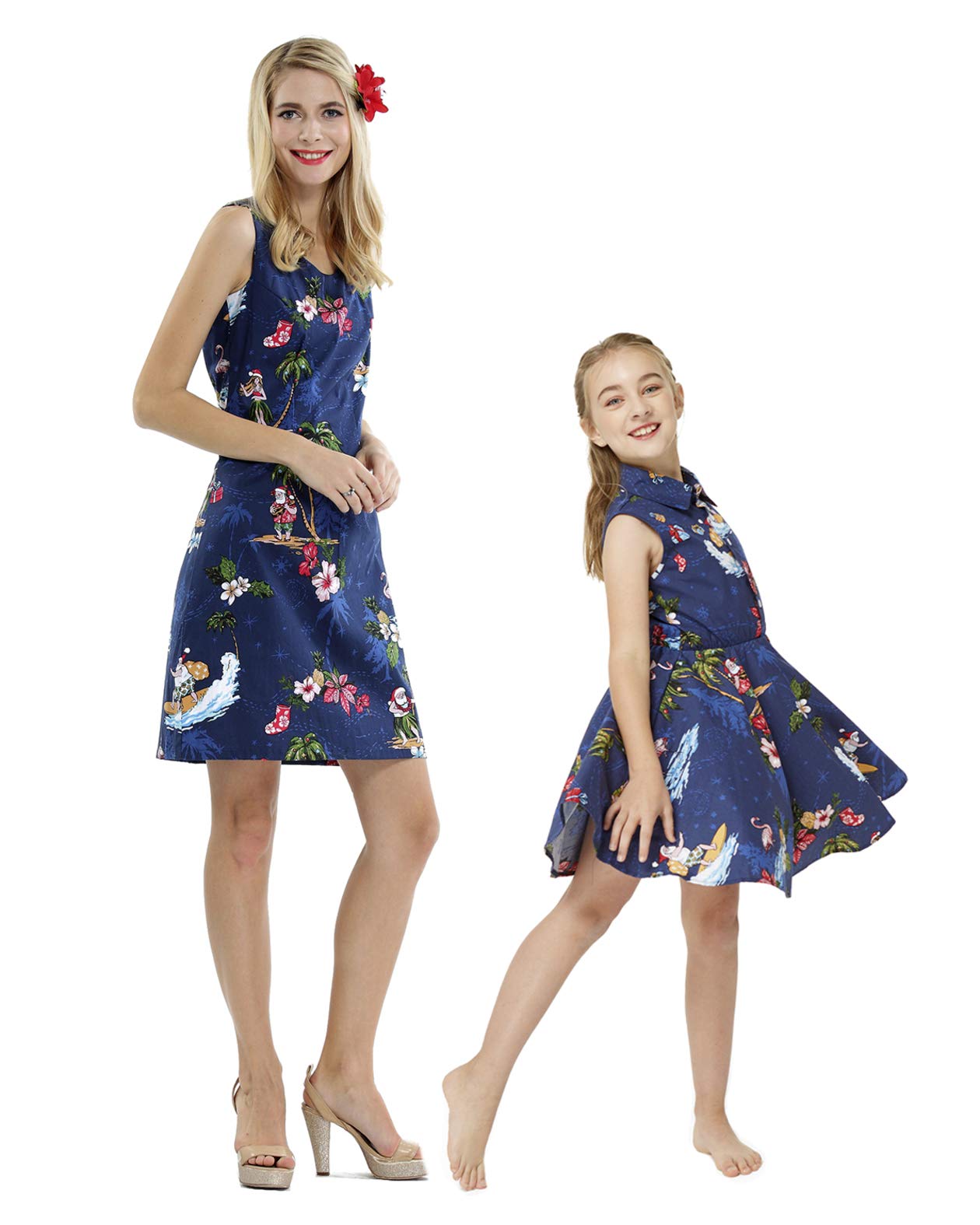 Hawaiian Luau Matching Mother Daughter Tank Top & Dress Set - Christmas Santa in Hawaii - Perfect for Family Vacations, Beach Parties, and Holiday Photos