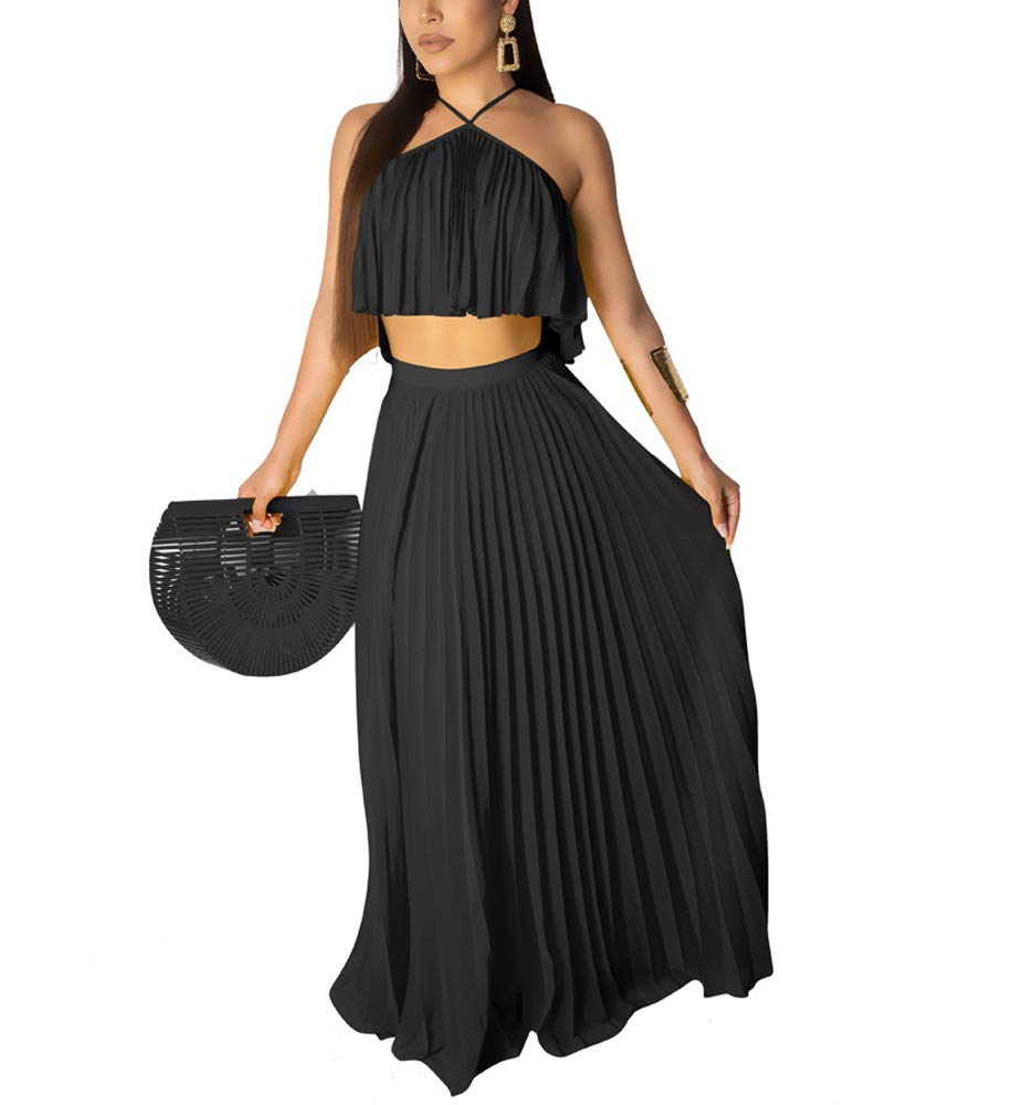 IyMoo Women's Sexy Two Piece Maxi Dress Set - Chiffon Crop Top & Pleated Skirt Summer Outfit | Beachwear, Vacation, Party Dress for Women | Perfect for Beach Vacations, Pool Parties & Date Nights