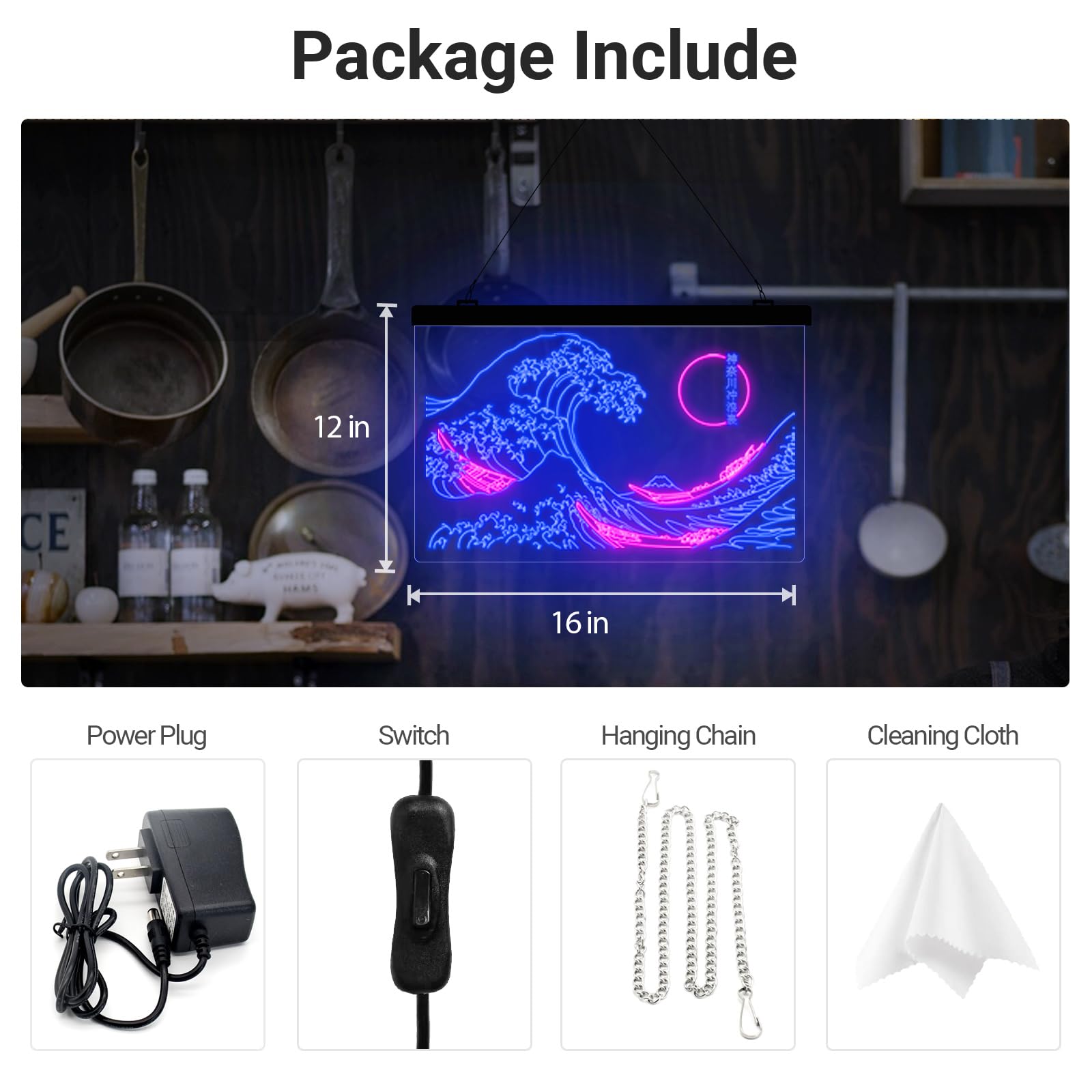 The Great Wave Off Kanagawa LED Neon Sign - Japanese Ukiyoe Art Wall Decor by Katsushika Hokusai - 12x16 Inch Blue & Pink Neon Light for Bedroom, Living Room & Office Interior Design | Modern Anime & Manga Inspired Home Decoration