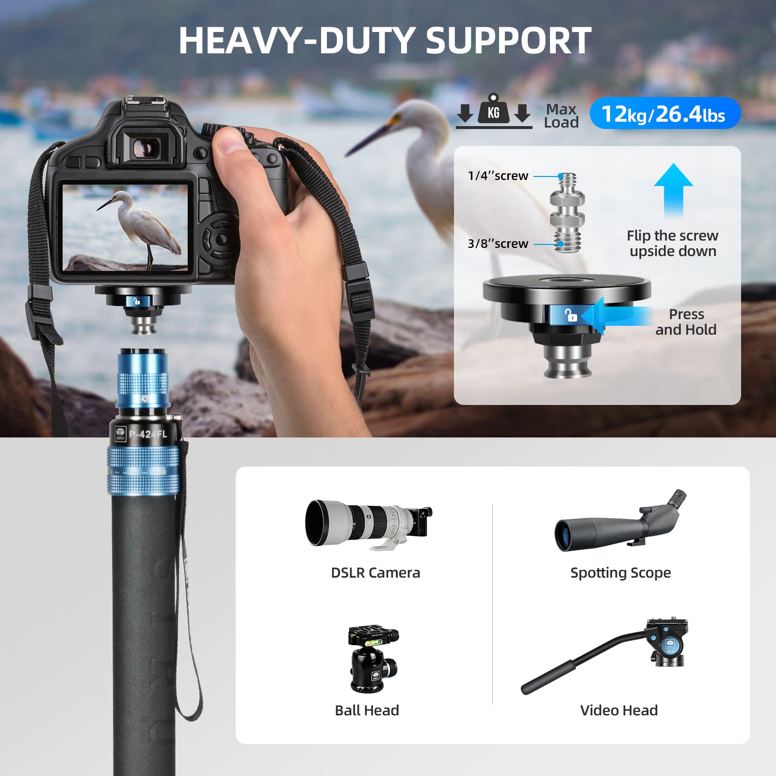 SIRUI P-424FL 198cm Carbon Fiber Camera Monopod with Removable Tripod Base & VA-5 Fluid Head - Professional DSLR & Camcorder Support up to 12kg for Travel, Sports, and Wildlife Photography