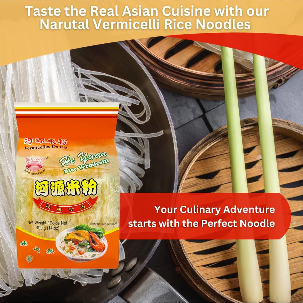 D.M.D BRIDGE BRAND Premium Rice Vermicelli Noodles - Authentic He Yuan Thin Rice Noodles (14oz/400g) | Perfect for Thai, Vietnamese, Chinese & Japanese Cuisine | Ideal for Stir Fry, Pho, Ramen & Hot Pot | Includes Free Steel Spoon | Gluten-Free Asian Noodles