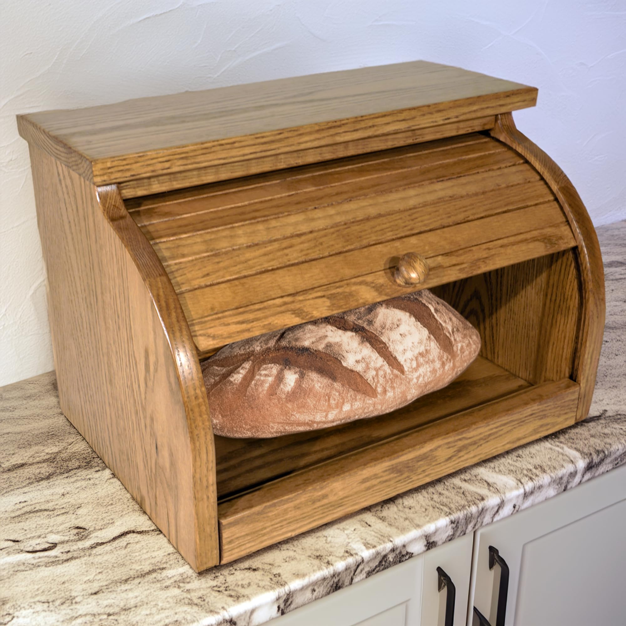 Amish USA Made Solid Oak Bread Box - Large Kitchen Countertop Bread Holder with Chestnut Finish | Perfect for Storing Bread, Baguettes, and Pastries on Your Counter