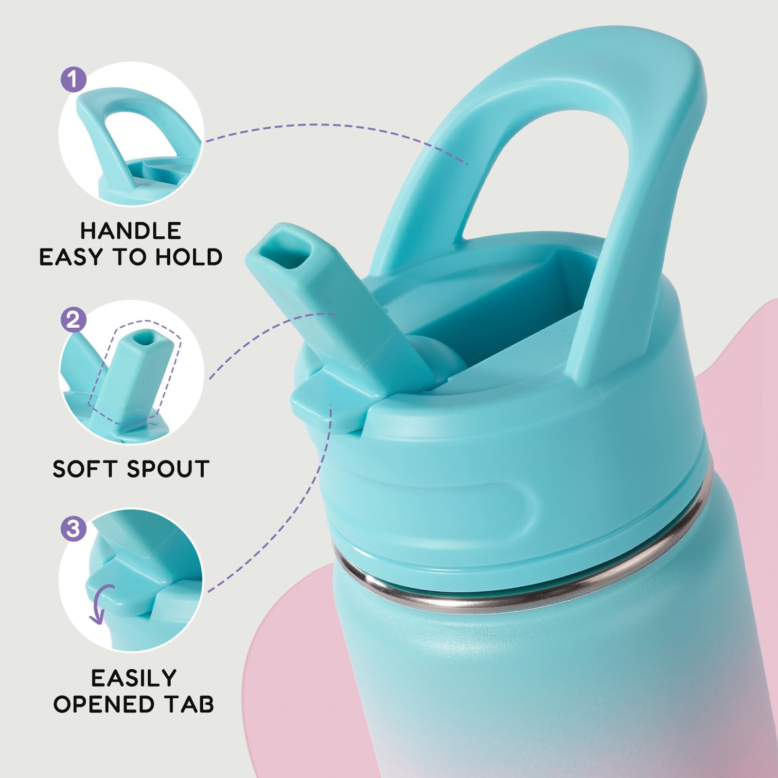 12oz Kids Water Bottle with Straw - Stainless Steel Vacuum Insulated Water Bottle for Toddlers, Boys & Girls - Leak Proof, BPA Free, Aurora Design - Perfect for School, Outdoor Activities & Travel