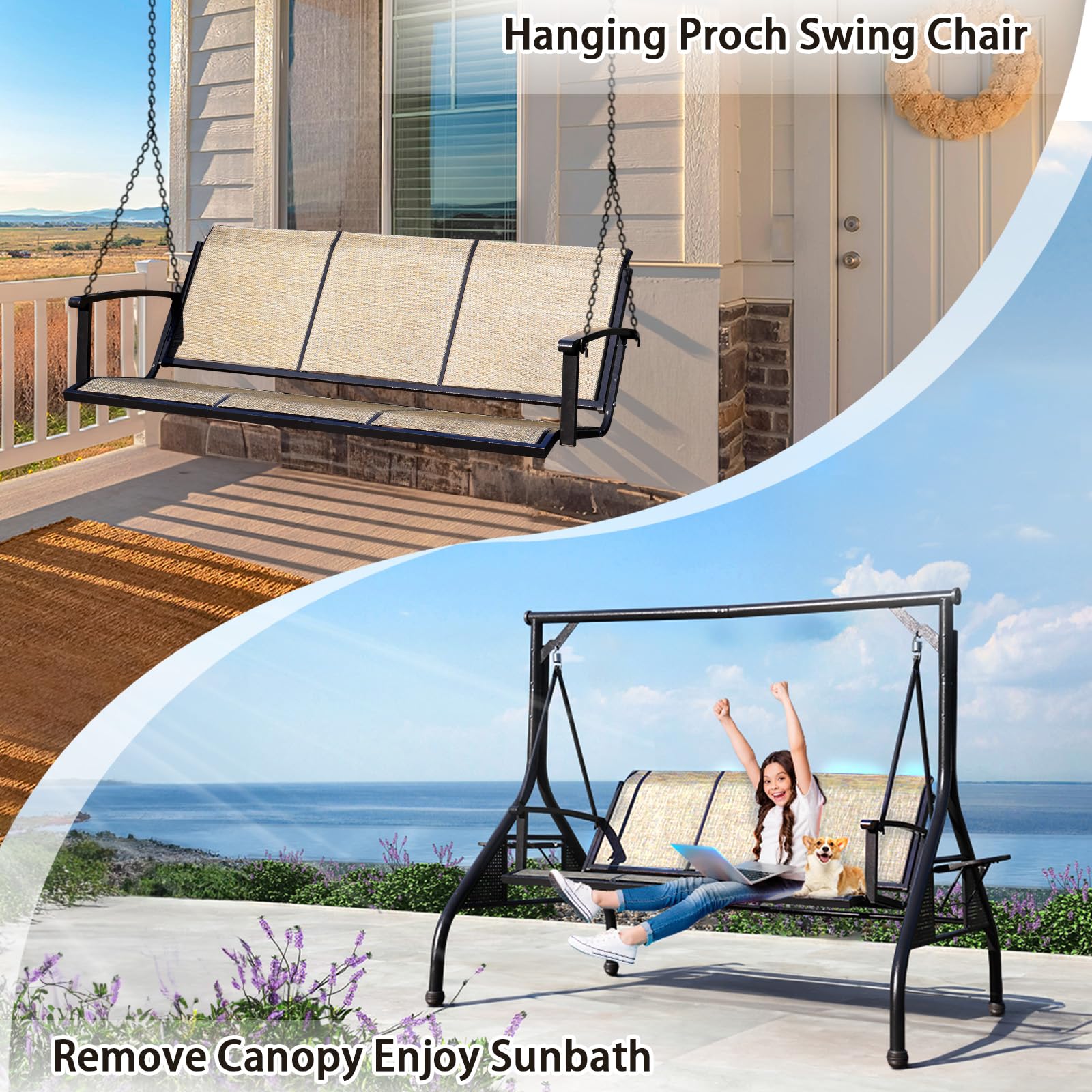 NOBLEMOOD 3-Seater Outdoor Patio Swing with Adjustable Canopy & Stand - Waterproof Textilene Hanging Chair with Cup Holders for Backyard, Garden, Porch - Perfect for Relaxing, Lounging & Outdoor Entertaining