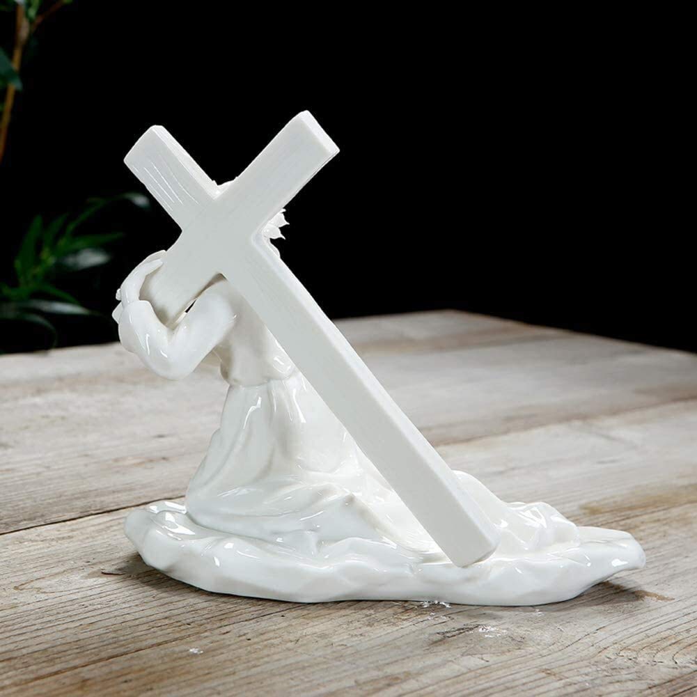 LQX Christ Jesus Statue - Handcrafted Ceramic Cross Sculpture for Catholic Home Decor, Religious Gifts & Christian Desktop Accessories | Perfect for Prayer Altars, Church Displays & Spiritual Home Decorating