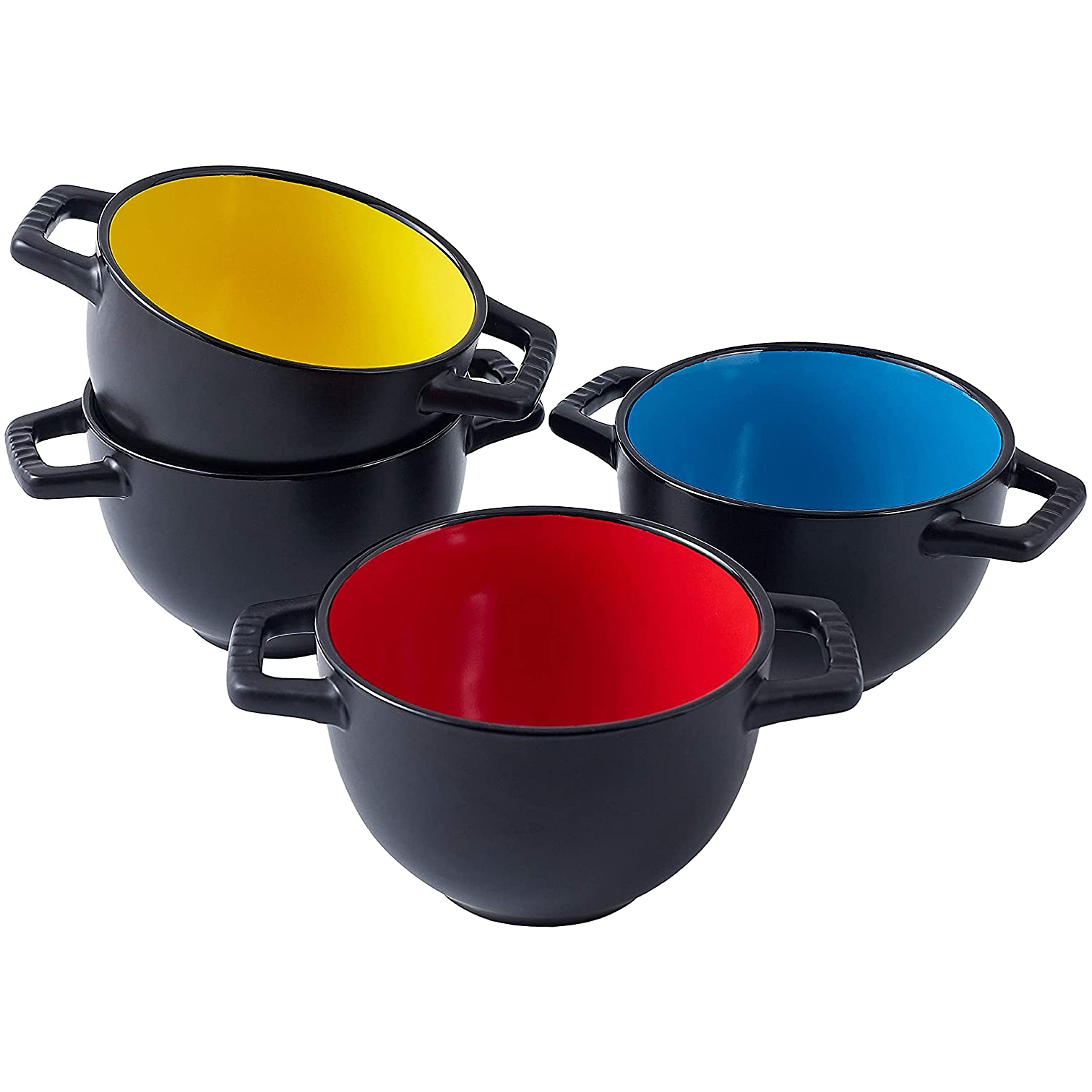 Bruntmor 24 oz French Onion Soup Bowls with Handles - Set of 4 Ceramic Oven Safe Crocks for Soup, Pasta, Cereal, Dessert - Microwave, Dishwasher & Broiler Safe - Perfect for Dining, Entertaining & Gifts (Black/Multicolor)