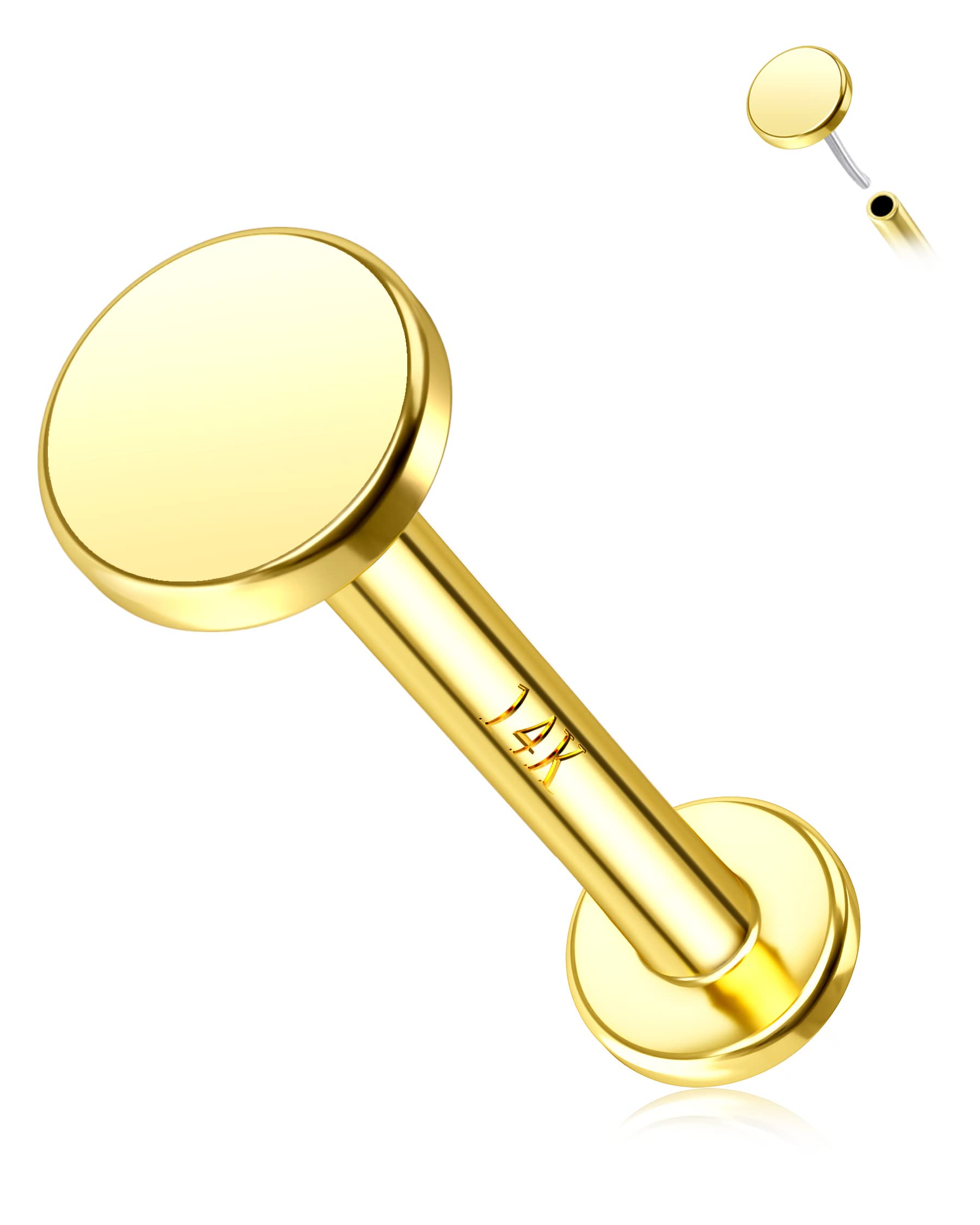 14K Gold Threadless Earrings - 16G Flat Back Labret Studs for Tragus, Conch & Helix Piercing | Tiny Disc Push-in Jewelry for Women | Perfect for Daily Wear & Special Occasions
