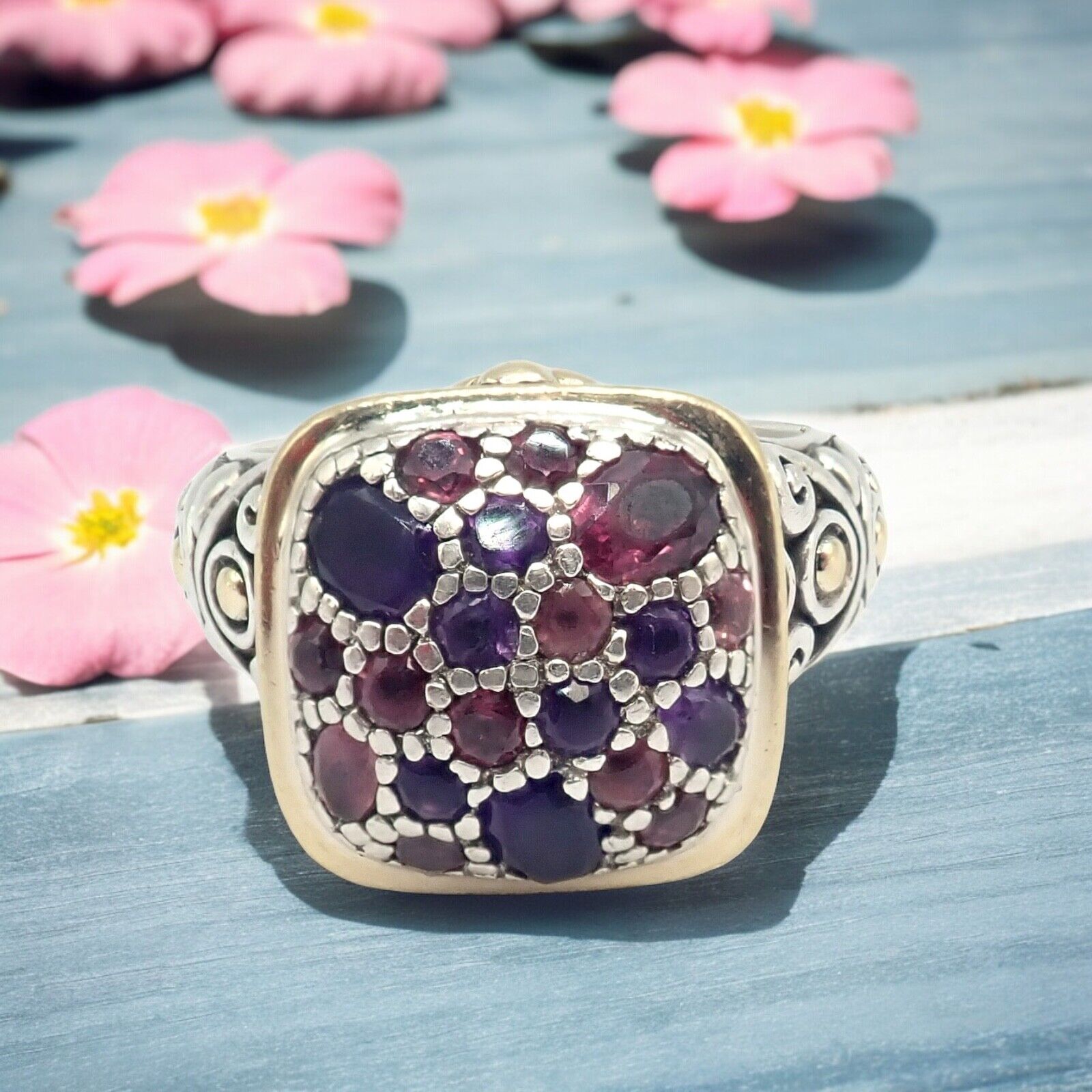 John Hardy JH Silver 18k Yellow Gold Classic Lava Fire Amethyst Tourmaline Ring for Women - Elegant Jewelry Gift for Anniversary, Wedding & Special Occasions