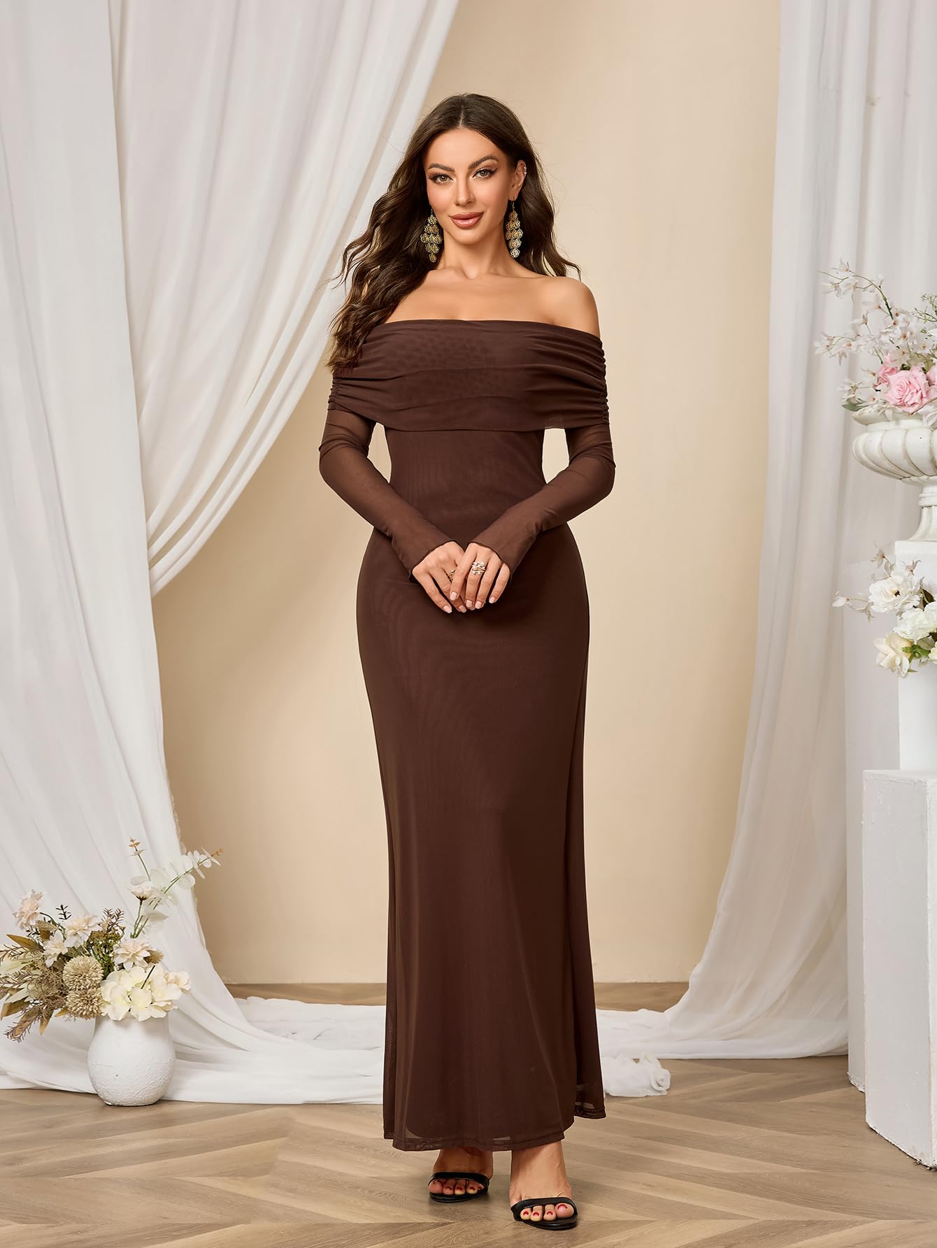 Colysmo Women's Long Sleeve Mesh Off Shoulder Bodycon Maxi Dress - Elegant Formal Wedding Guest & Evening Party Gown for Special Occasions, Date Nights & Cocktail Events