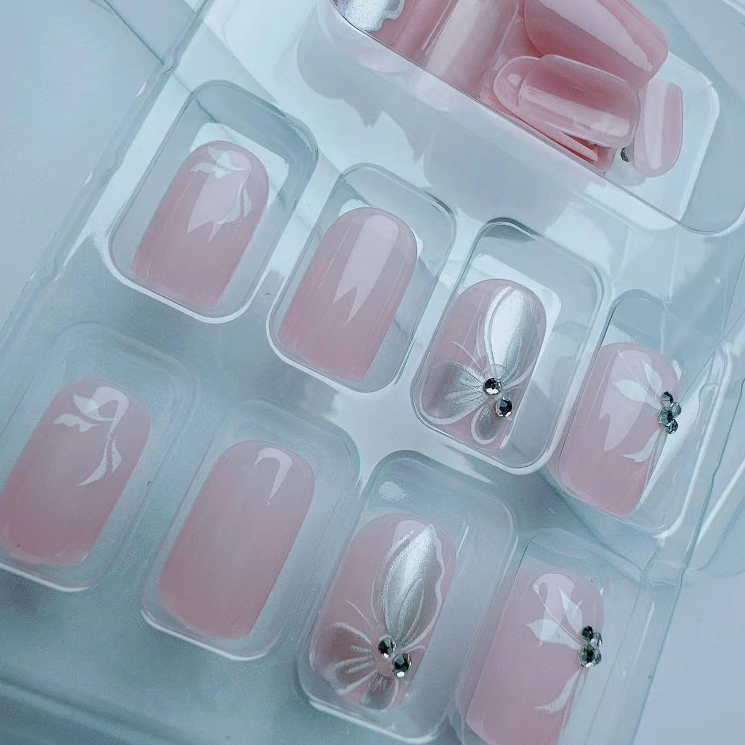 Pink Butterfly Diamond Press on Nails - Short Acrylic Fake Nails with Sparkle Designs, Reusable Stick on Nails for Women & Girls (24Pcs) - Perfect for Parties, Weddings, and Everyday Glam