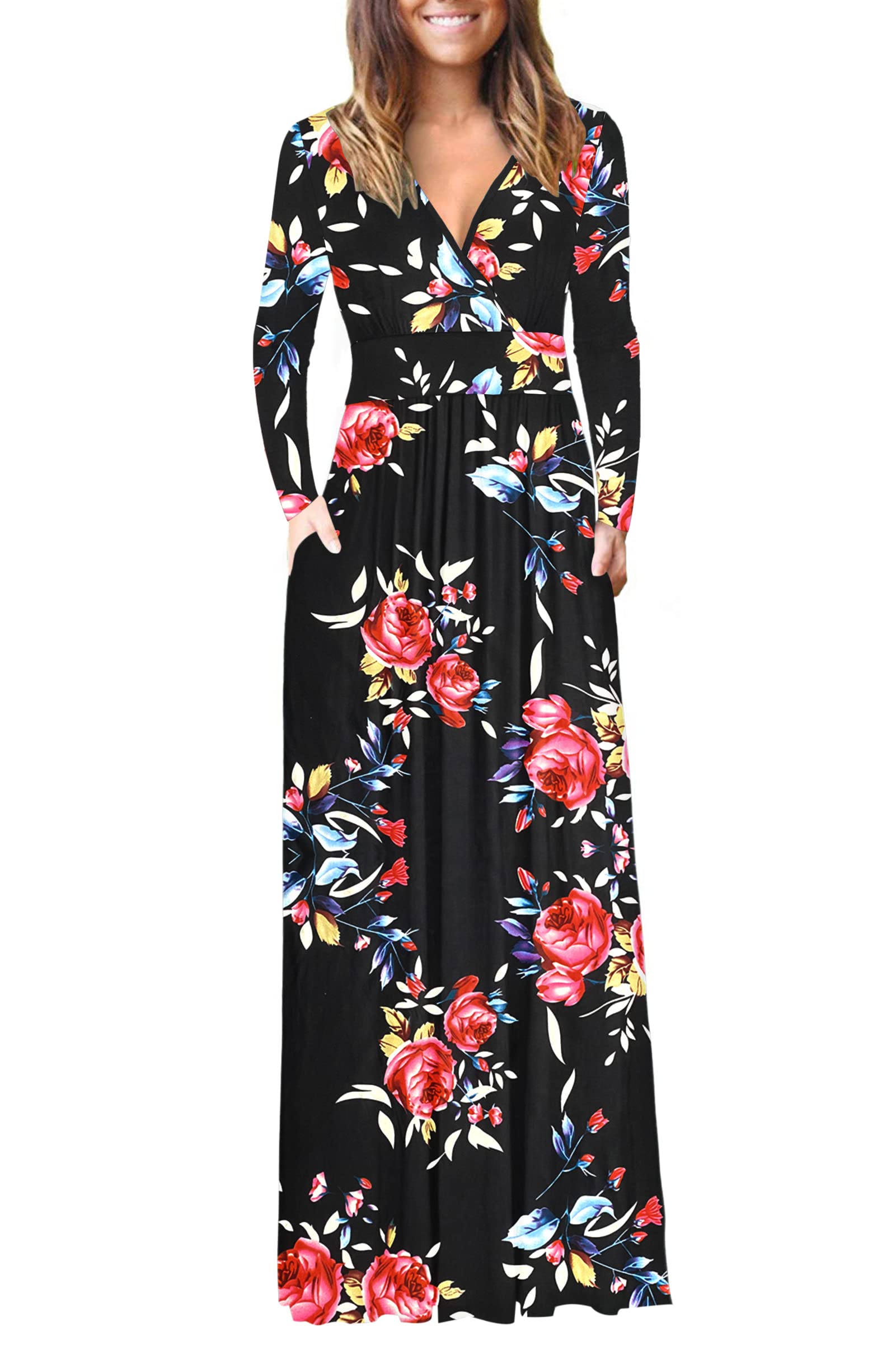 AUSELILY Women's Long Sleeve Loose Plain Maxi Dress with Pockets - Casual Boho Flowy Beach Dress for Summer, Vacation, and Everyday Wear