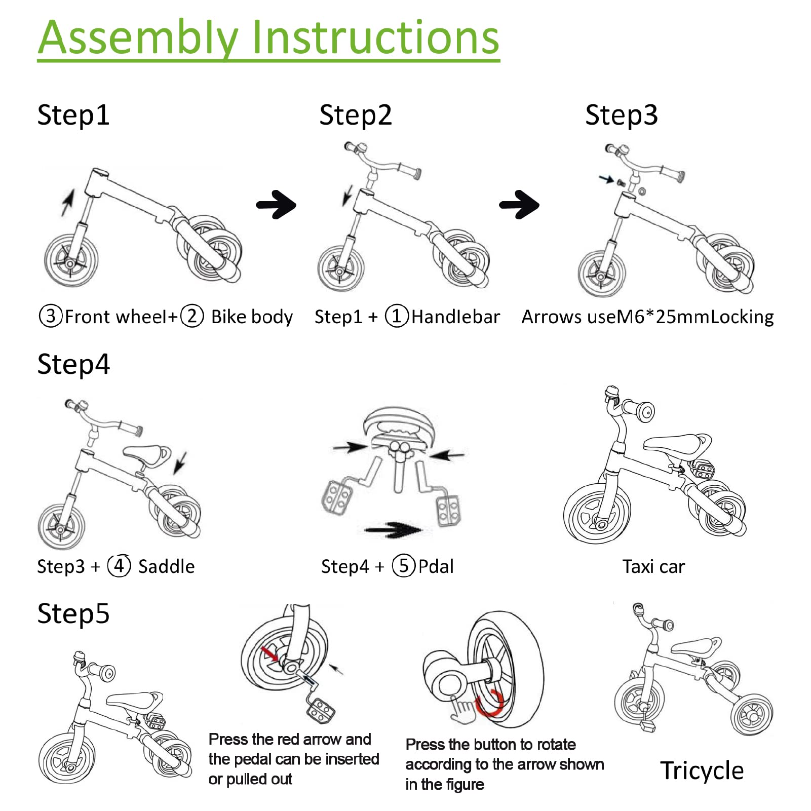 Ancaixin 3-in-1 Toddler Tricycle for Kids Ages 2-5 - Adjustable Seat, Detachable Pedals & Bell - Foldable Baby Balance Bike - Perfect for Outdoor Play, Learning to Ride & Birthday Gifts (Green)