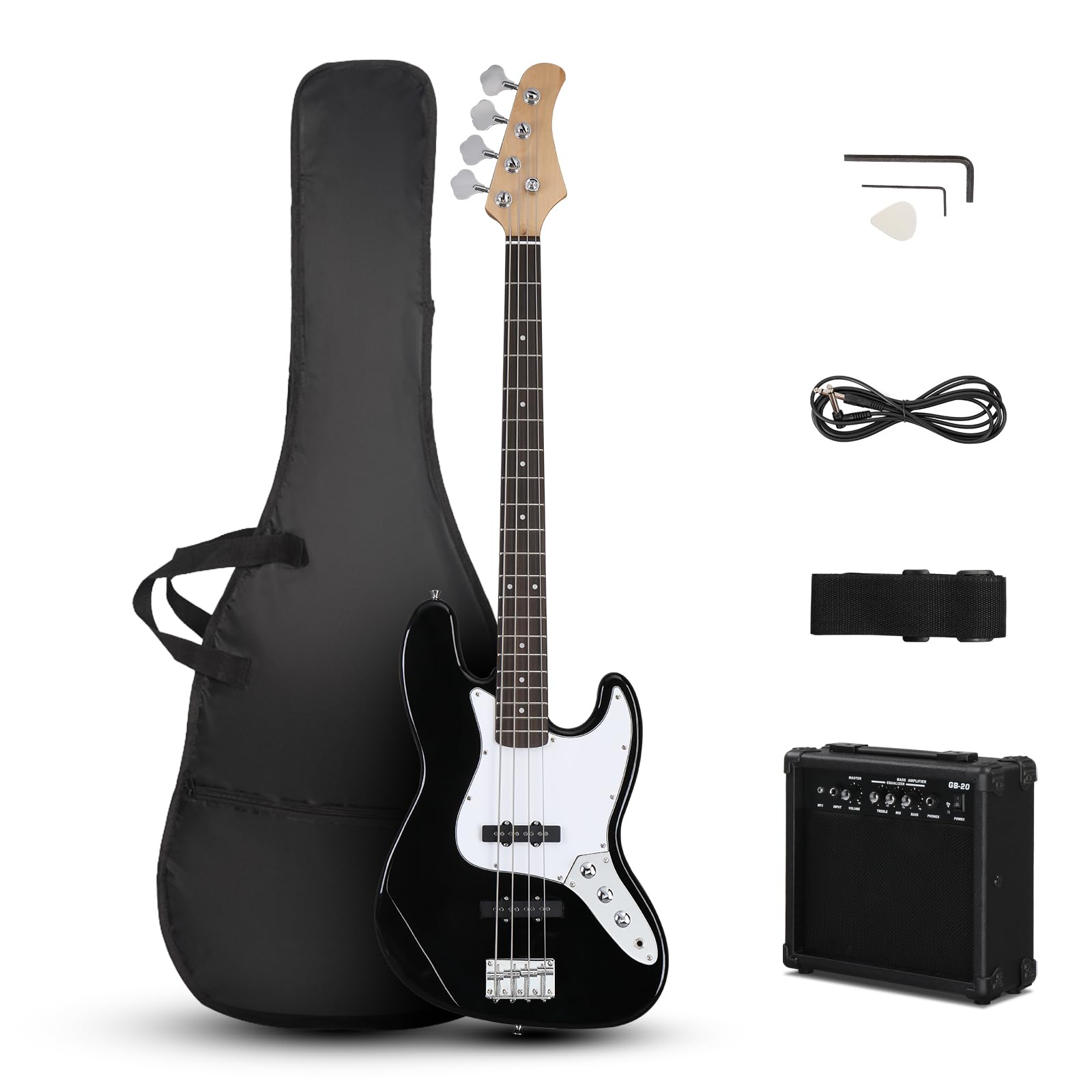 Ktaxon 4-String Electric Bass Guitar Kit with 20W Amplifier - Right-Handed Bass for Beginners & Professionals (Black) - Includes Gig Bag, Shoulder Strap, Picks & Tools - Perfect for Home Practice, Studio Recording & Live Performances