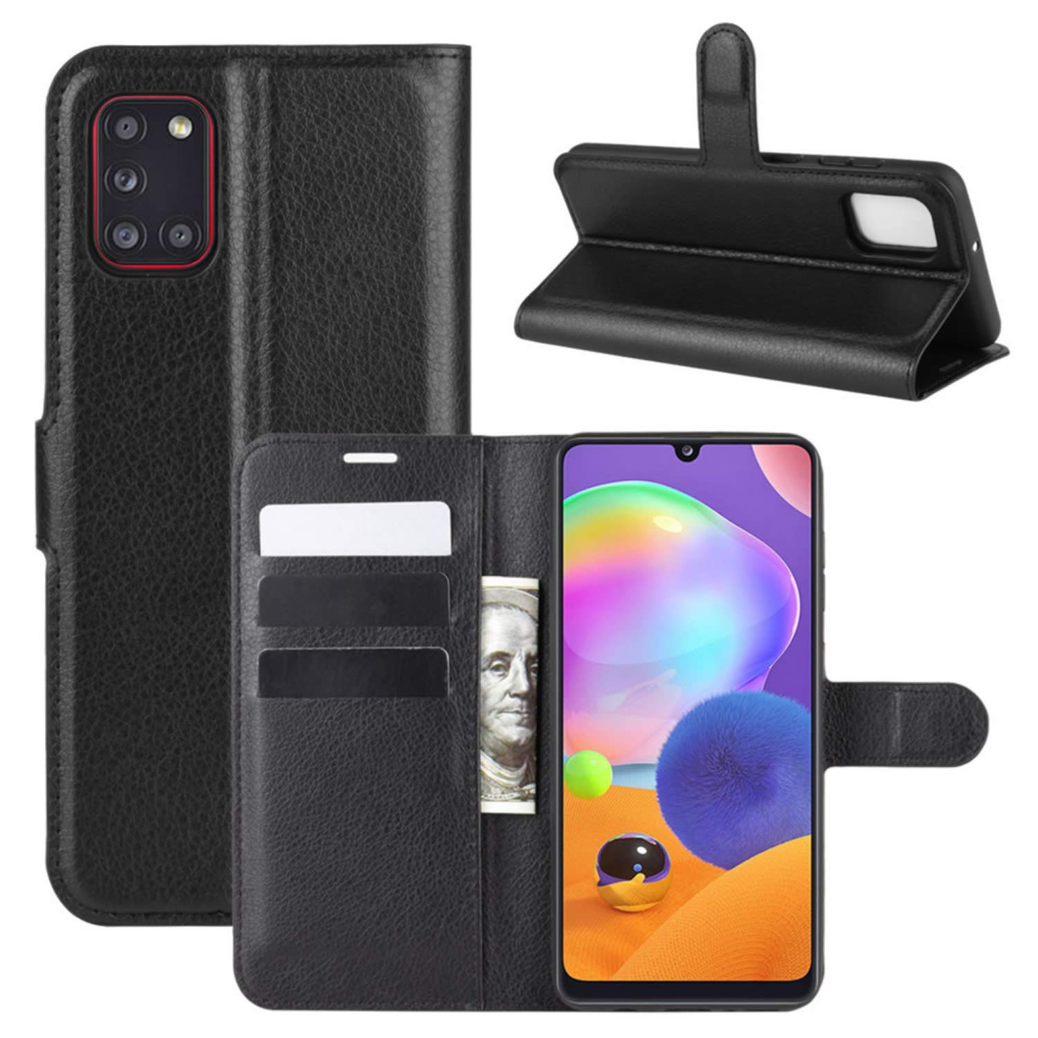 Premium PU Leather Magnetic Shockproof Book Wallet Folio Flip Case Cover with Card Slot Holder for Samsung Galaxy A31 - Slim Protective Phone Case for Everyday Use, Travel & Business (Black)