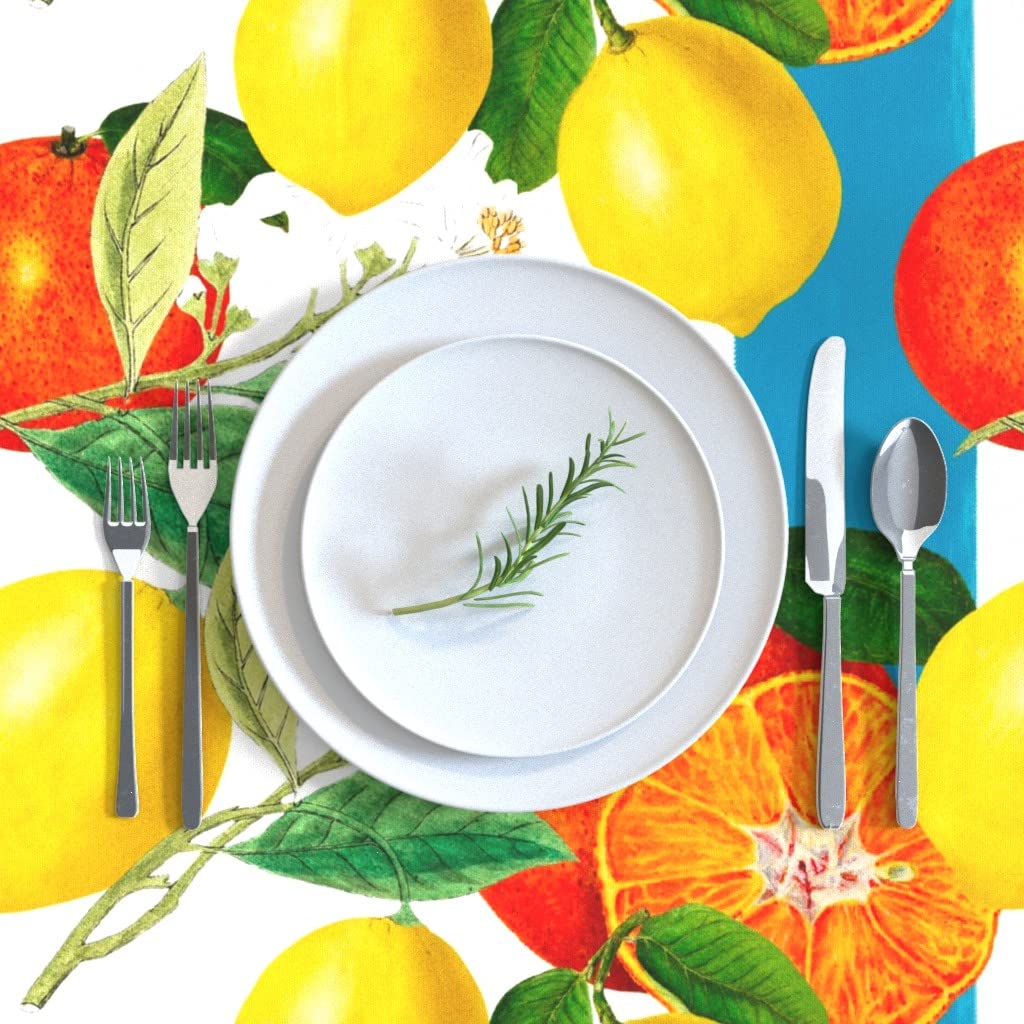 Custom Summer Citrus Lemon Fruit Pattern Green Blue Stripe Cotton Sateen Tablecloth 70