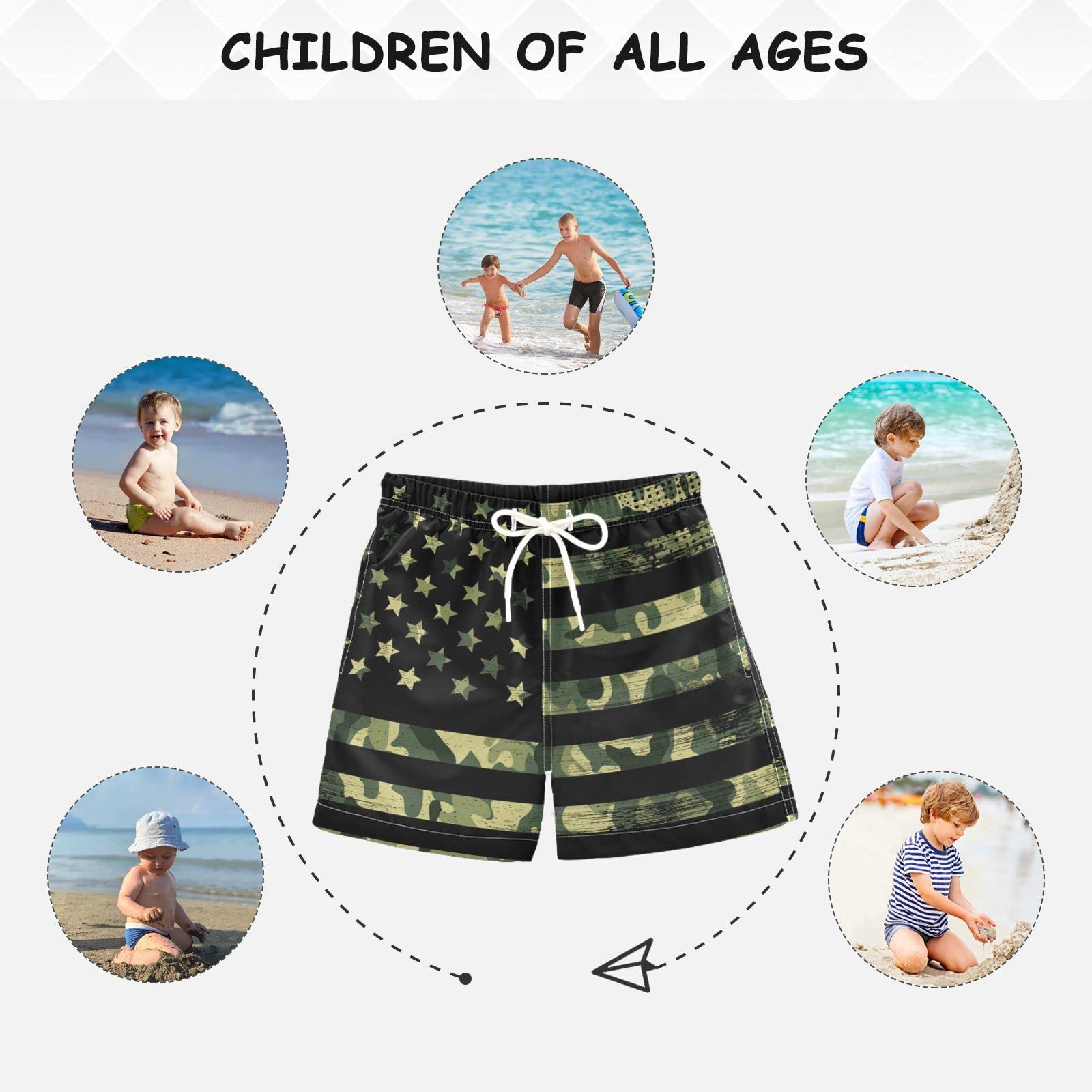 Senya Boys Swim Trunks - Patriotic USA Flag & Desert Camo Beach Board Shorts for Kids & Toddlers | Perfect for Swimming, Beach Vacations & Summer Activities