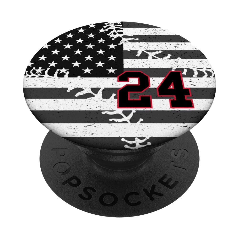 USA Flag Baseball PopSockets PopGrip with Number 24 in Black & Red - Swappable Phone & Tablet Grip for Sports Fans, Patriotic Americans - Perfect for Baseball Games, iPhone Cases, and Everyday Use