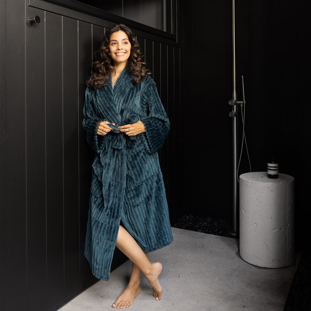 Premium Channel Fleece Bathrobe for Men & Women - Ultra Soft Petrol Blue Bath Robe - Large/X-Large Size - Perfect for Spa, Lounge & Post-Shower Comfort