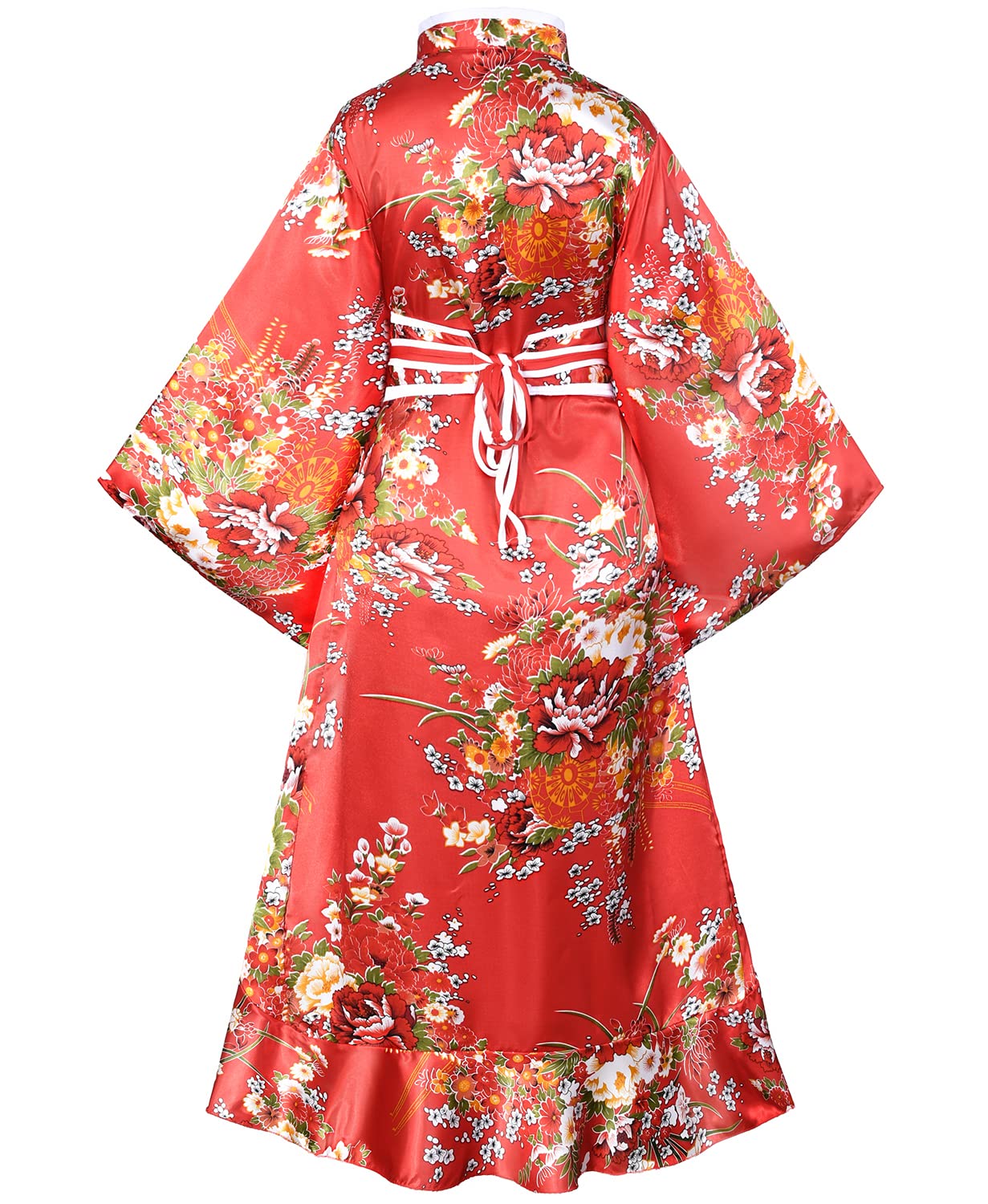 Elegant Women's Kimono Robe - Geisha Style Yukata with Sweet Tuxedo Ruffle & Blossom Print - Satin Bathrobe Sleepwear Set with Tabi Socks | Perfect for Spa Days, Loungewear, Cosplay & Japanese Themed Parties