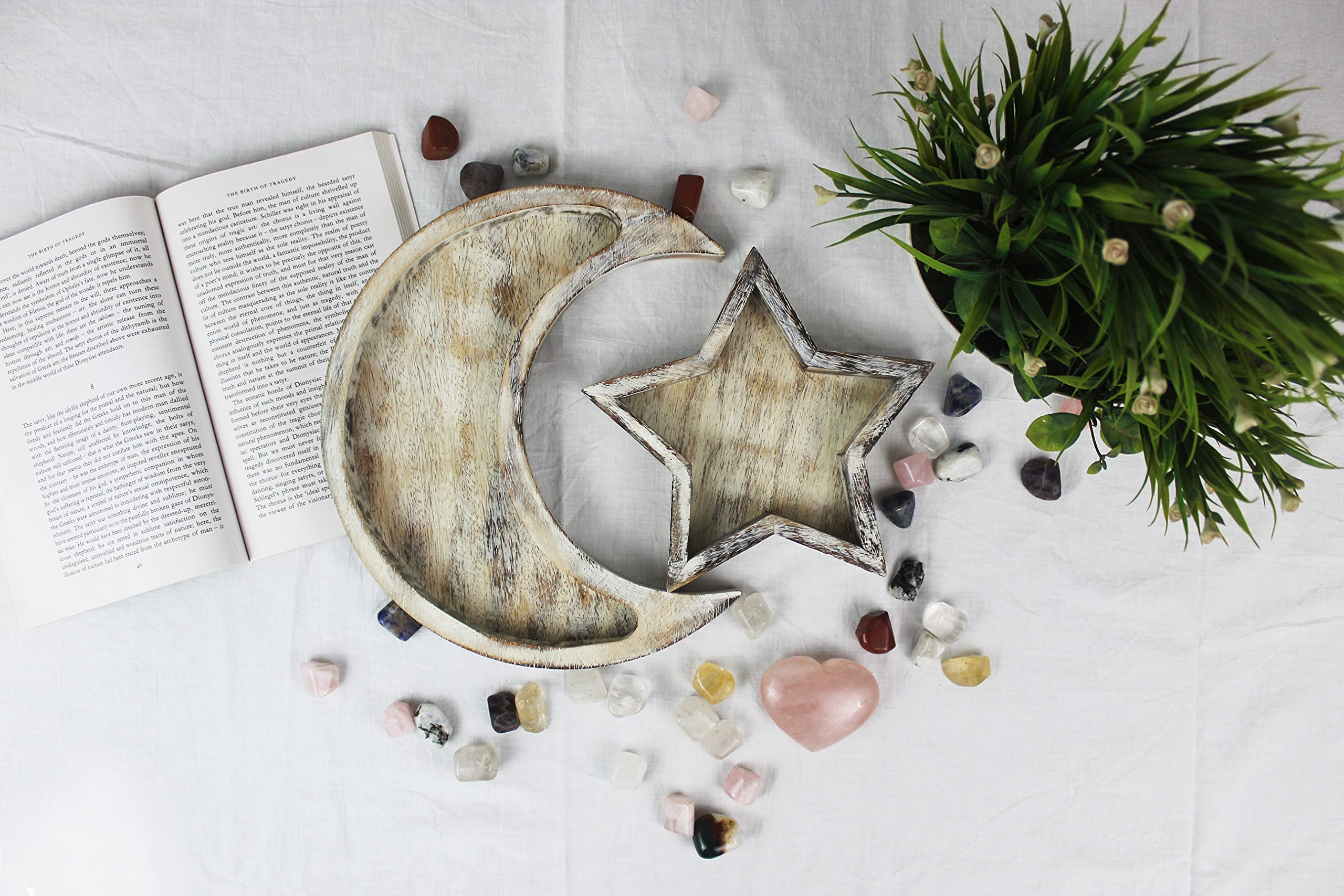 Wooden Crystal Display Tray - Rustic White for Healing Stones & Decor