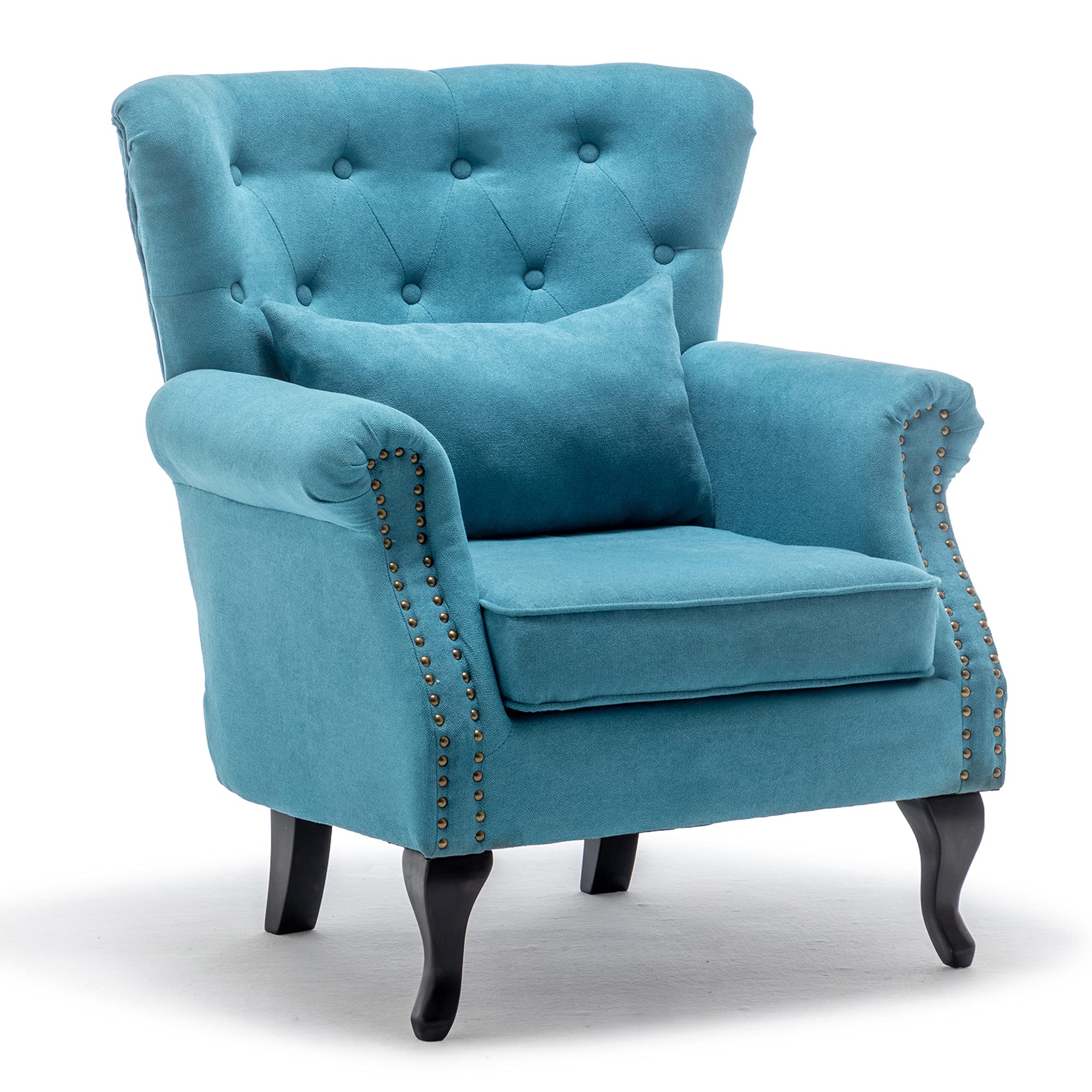 Mid Century Modern Tufted Wingback Chair - Blue Accent Club Chair with Round Armrests & Waist Pillow for Living Room, Bedroom & Office - Stylish Lounge Seating for Home Decor & Relaxation