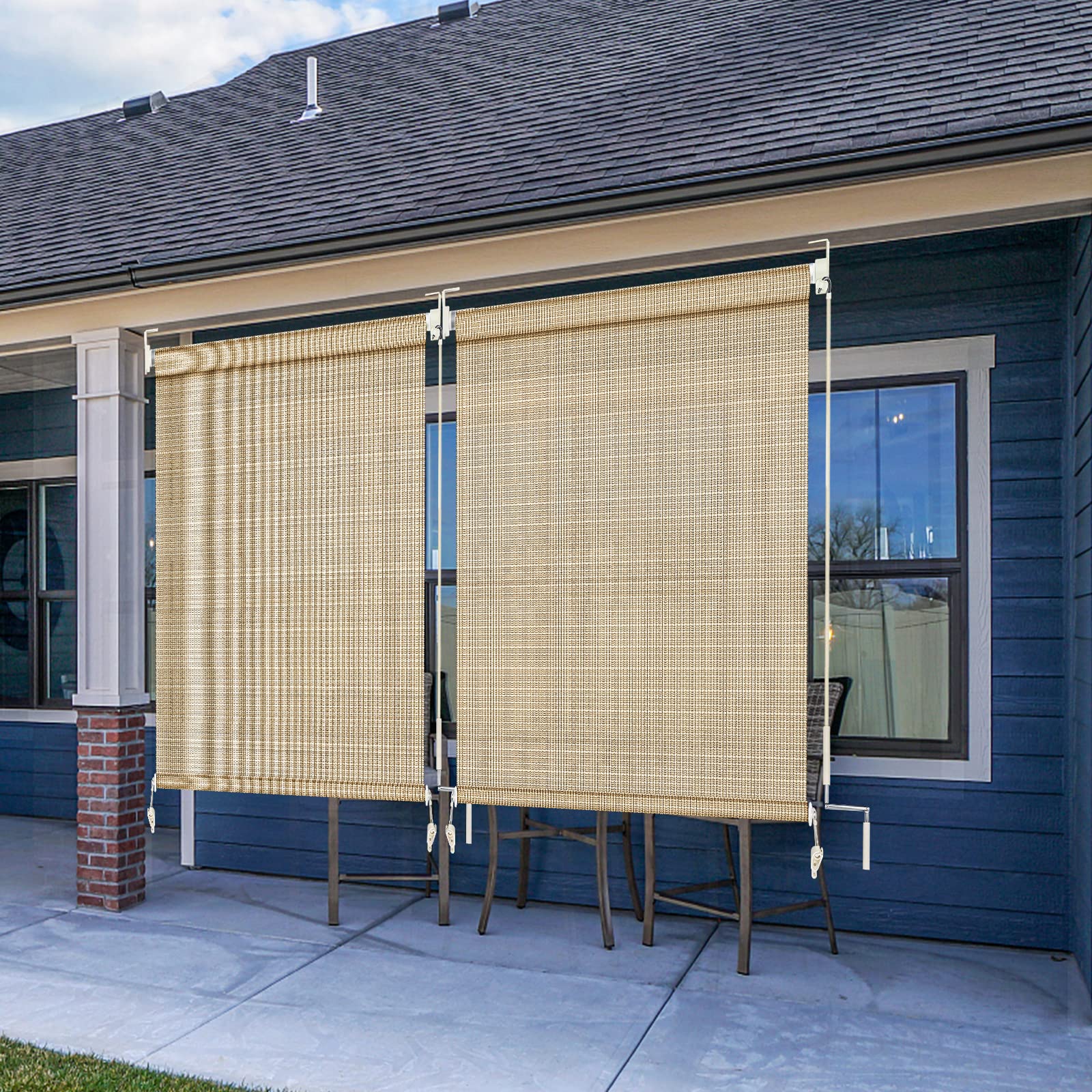 90% UV Protection Cordless Roller Blind - Pavilion & Courtyard Curtain - 8' X 6' Beige Sun Shade for Outdoor Patio, Garden, and Poolside Privacy