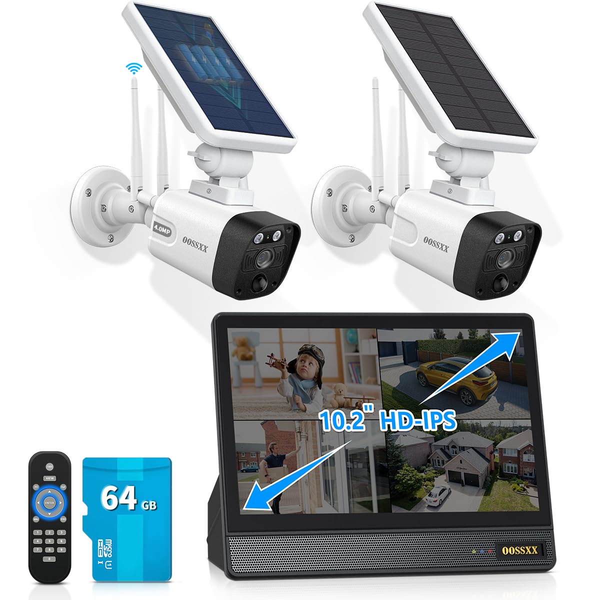 Wireless Outdoor Security Camera System with Solar Battery, PIR Detection, 2-Way Audio & Dual Antennas - WiFi Home Surveillance Kit with DVR & Monitor for Indoor/Outdoor Use - Perfect for Home, Garage, Yard, and Business Security