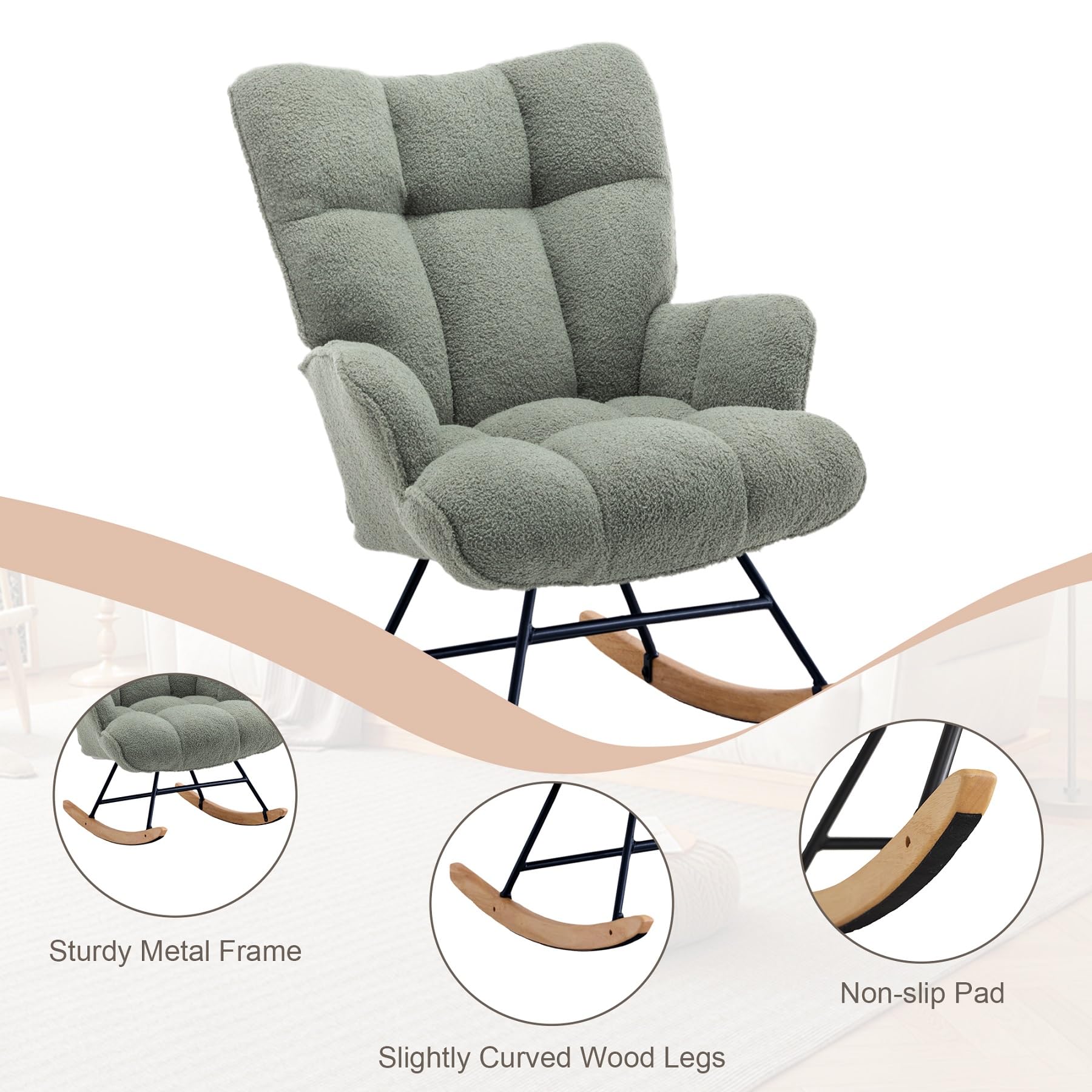 Comfy Teddy Upholstered Glider Rocking Chair with Padded Seat & High Back - Nursery Rocker for Baby Room, Living Room or Bedroom (Sage Green) | Perfect for Nursing, Reading & Relaxing