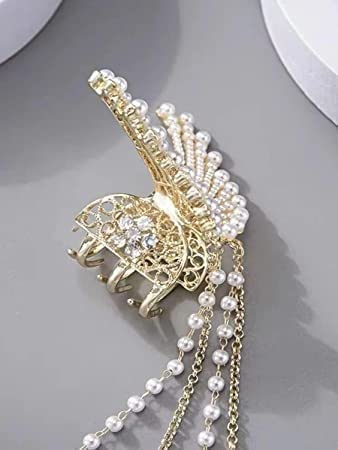 Elegant Thick Fancy Half Bun Hair Clips with Butterfly Pearl Tassel - Gold Plated Women's Hair Accessories for Parties, Weddings & Special Occasions