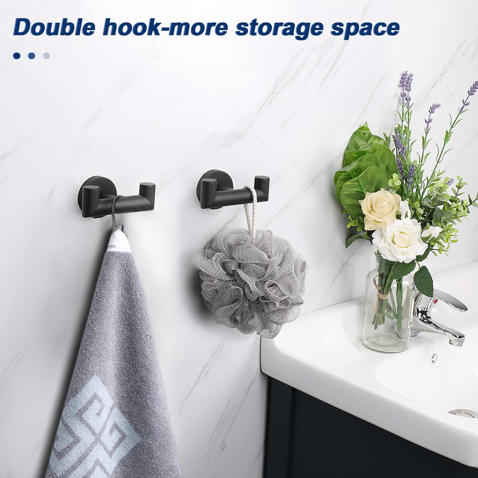 NearMoon Double Towel Hook - 2 Pack SUS304 Stainless Steel Heavy Duty Wall Mounted Coat & Robe Hanger for Bathroom, Living Room, Kitchen - Matte Black - Perfect for Organizing Towels, Robes & Coats in Home Spaces