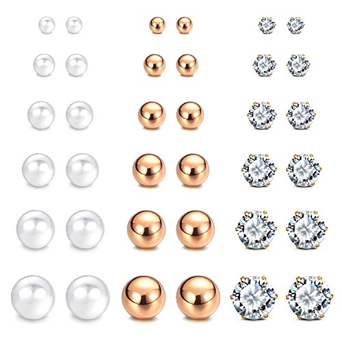 18 Pairs - Faux Pearl + Rose Gold Color Ball + CZ Stud