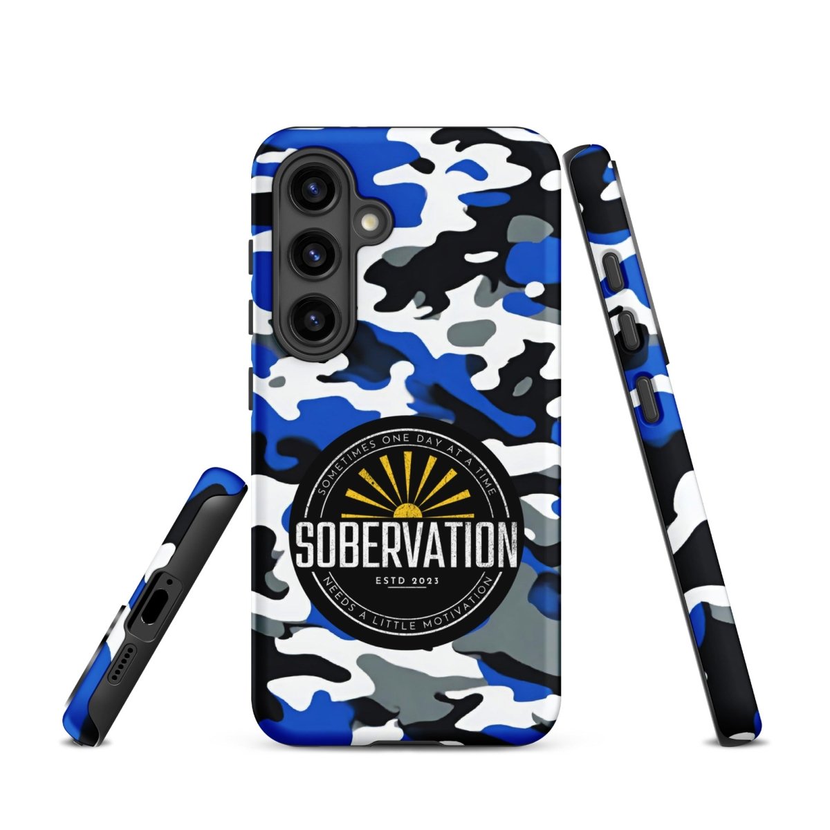 Sobervation Blue Camo Samsung Galaxy Phone Case - Durable Protective Cover for Samsung S23/S22/S21 - Perfect for Recovery & Sober Living Support